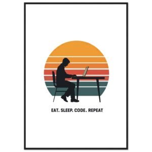 Eat Sleep Code Repeat | Programmer Silhouette Retro Premium Matte Paper Wooden Framed Poster