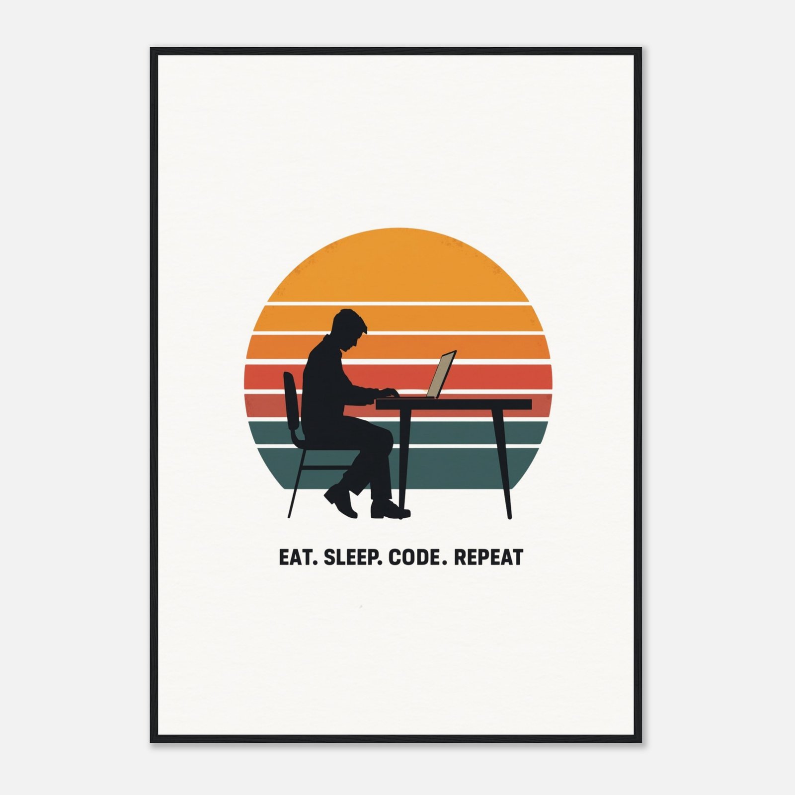 Eat Sleep Code Repeat | Programmer Silhouette Retro Museum-Quality Matte Paper Wooden Framed Poster