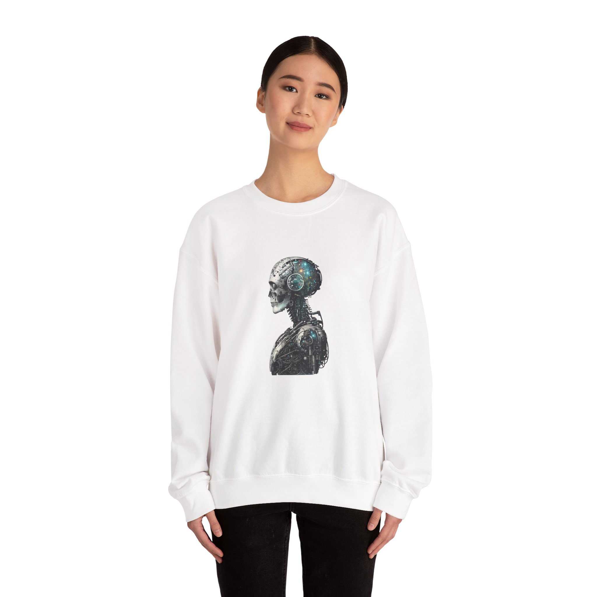 Cosmic Cyber Skull – Dark Cyberpunk Biomechanical Crewneck Sweatshirt - Image 11