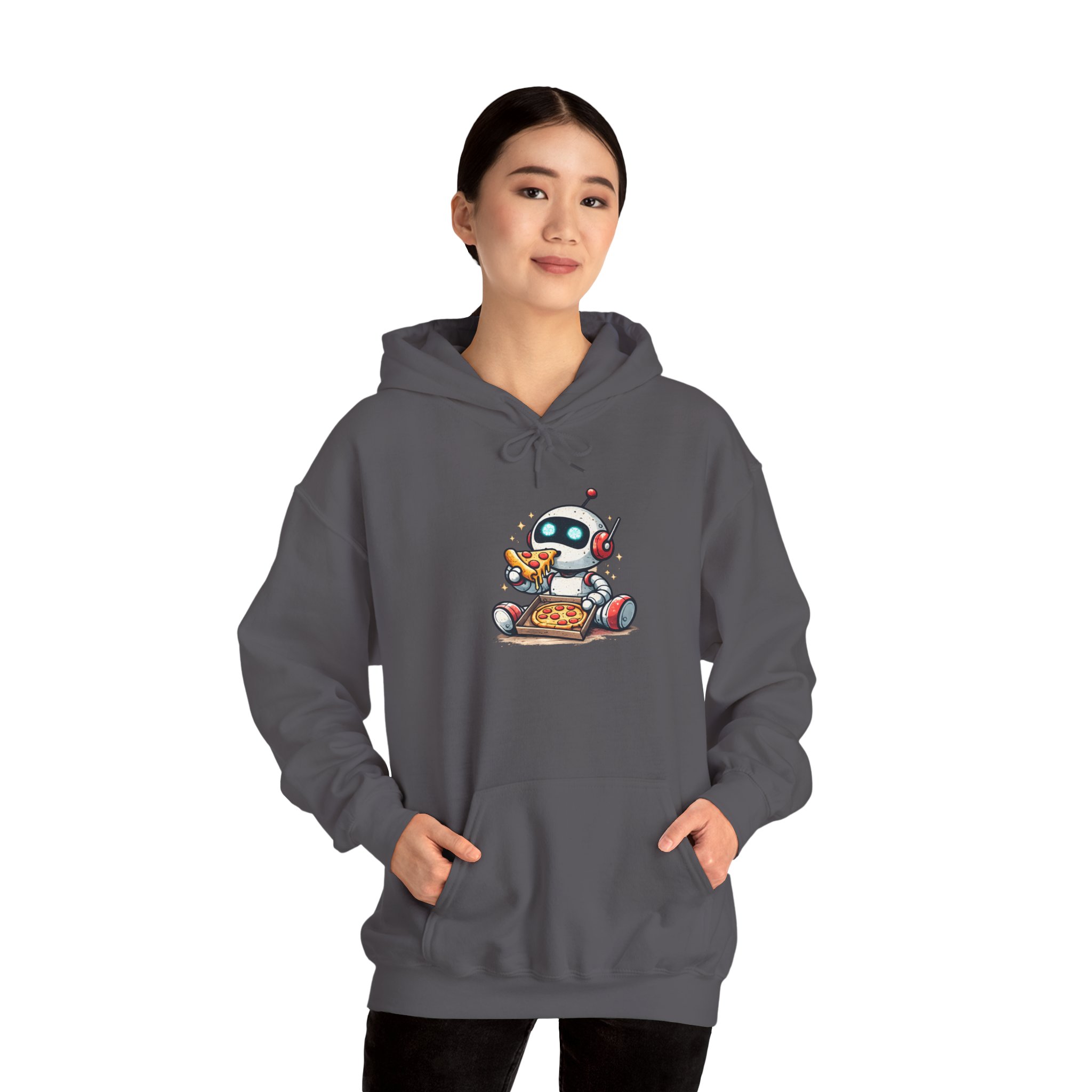 Robot Eating Pizza – Cute AI Tech Humor Graphic Pullover Hoodie - Image 102