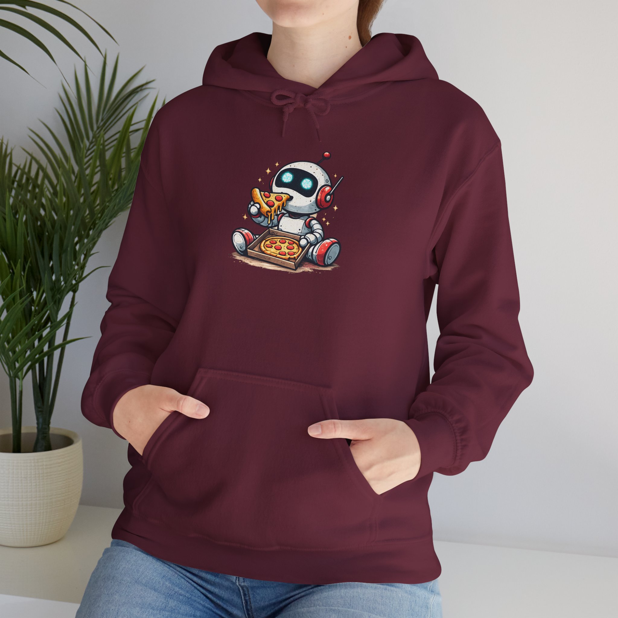 Robot Eating Pizza – Cute AI Tech Humor Graphic Pullover Hoodie - Image 71
