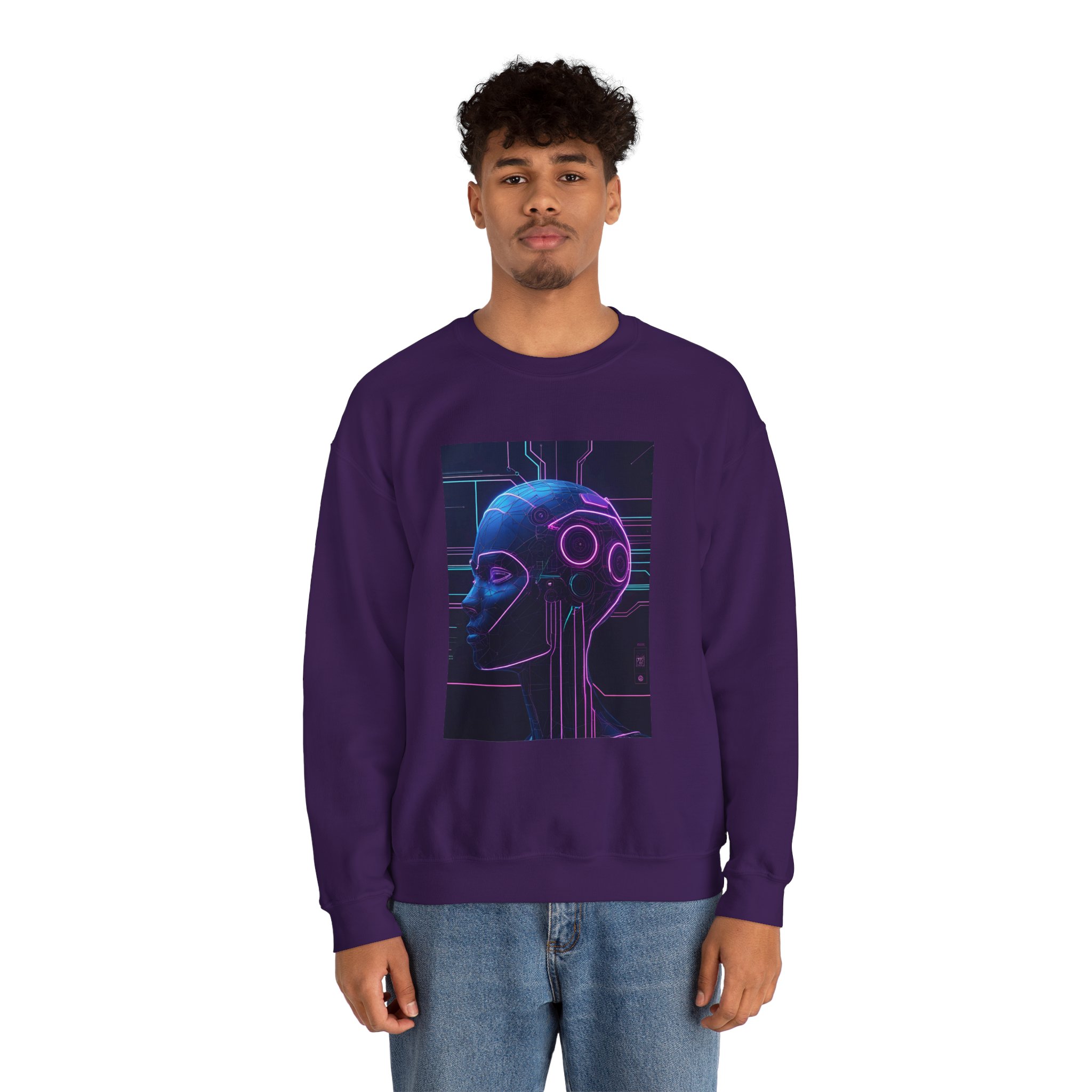 Cyberpunk AI Wireframe Neon Circuit Dark Sci-Fi Crewneck Sweatshirt - Image 61