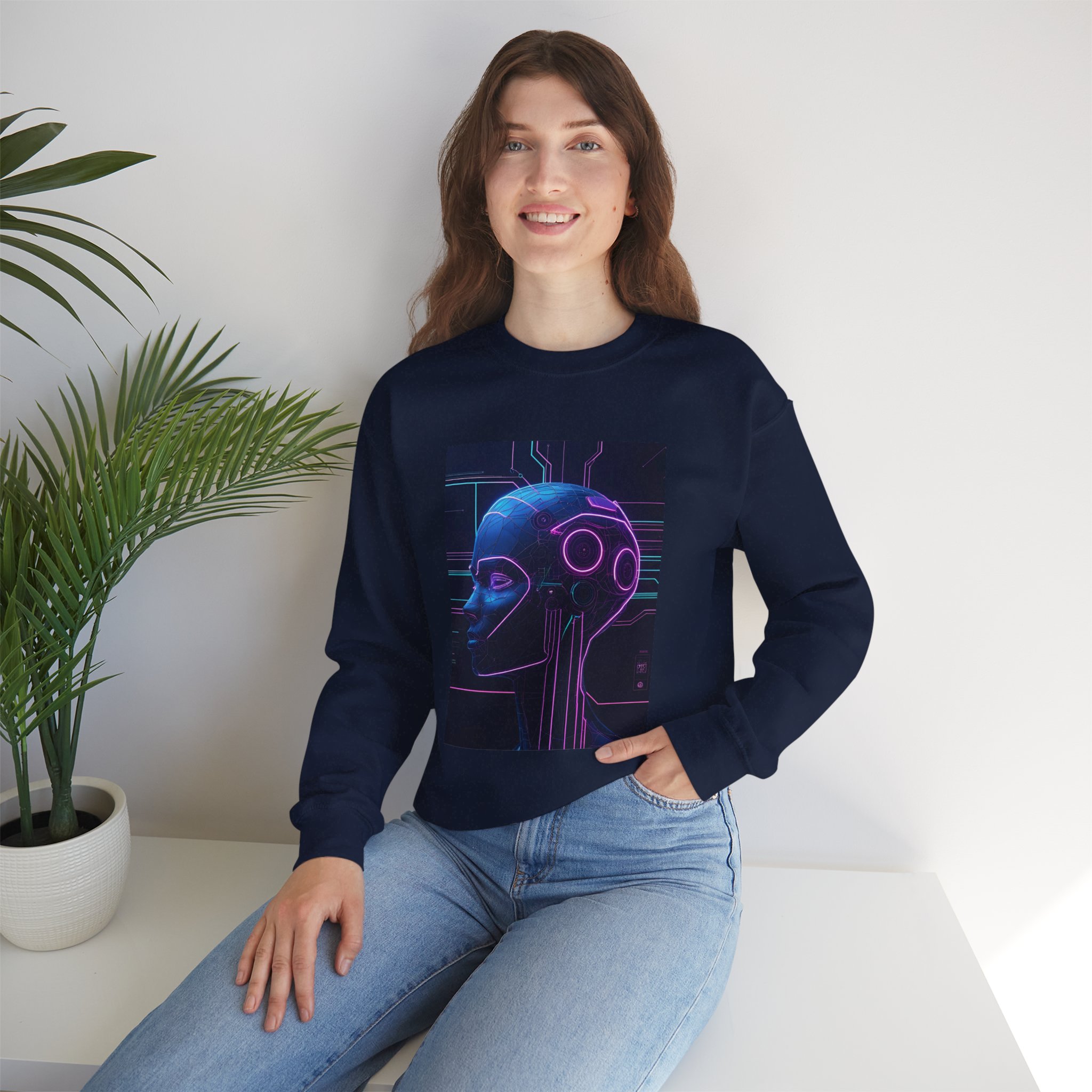 Cyberpunk AI Wireframe Neon Circuit Dark Sci-Fi Crewneck Sweatshirt - Image 55