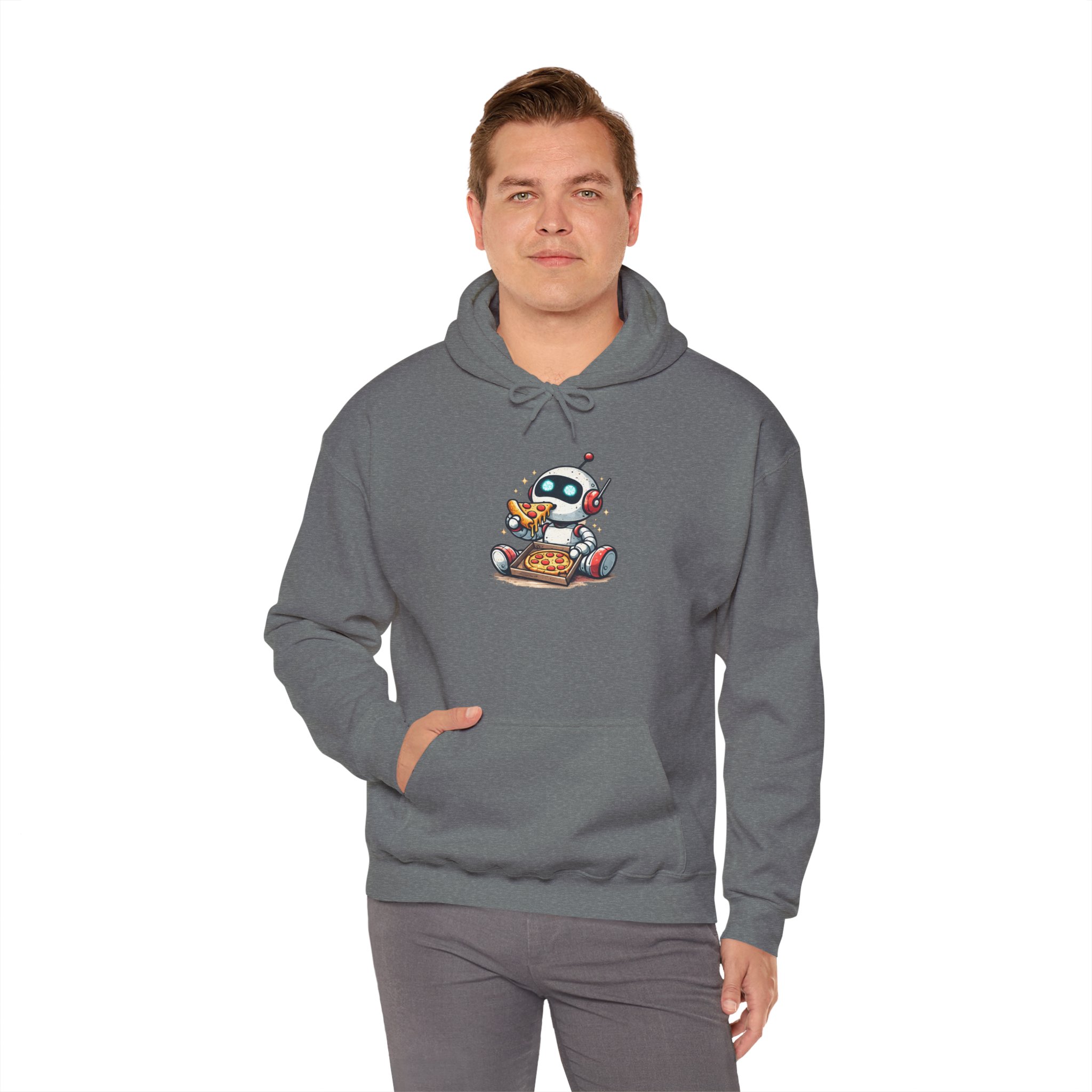 Robot Eating Pizza – Cute AI Tech Humor Graphic Pullover Hoodie - Image 81