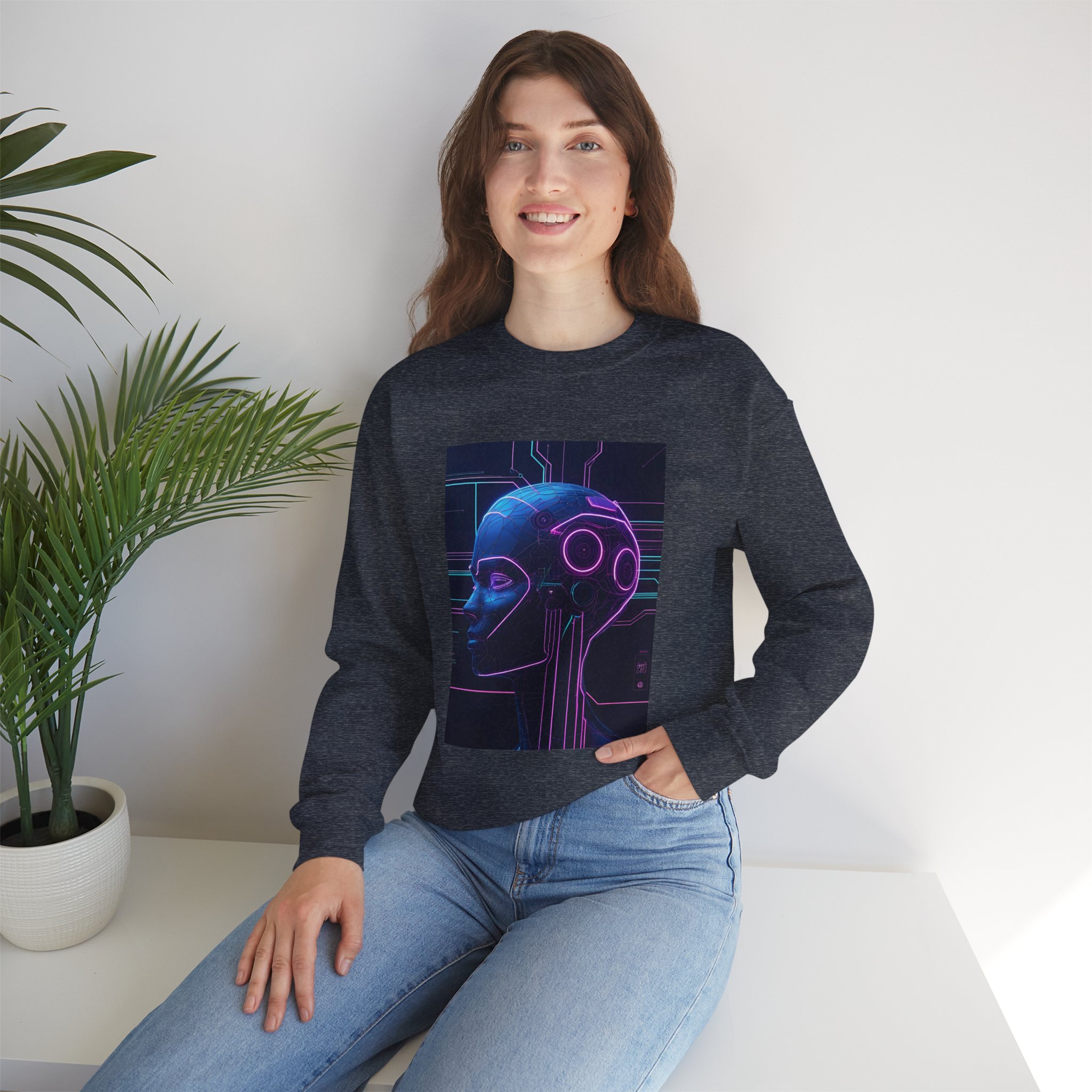 Cyberpunk AI Wireframe Neon Circuit Dark Sci-Fi Crewneck Sweatshirt - Image 41