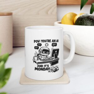 Exhausted Robot at Desk Overworked — Funny Tech burnout Coffee Mug (11oz, 15oz)