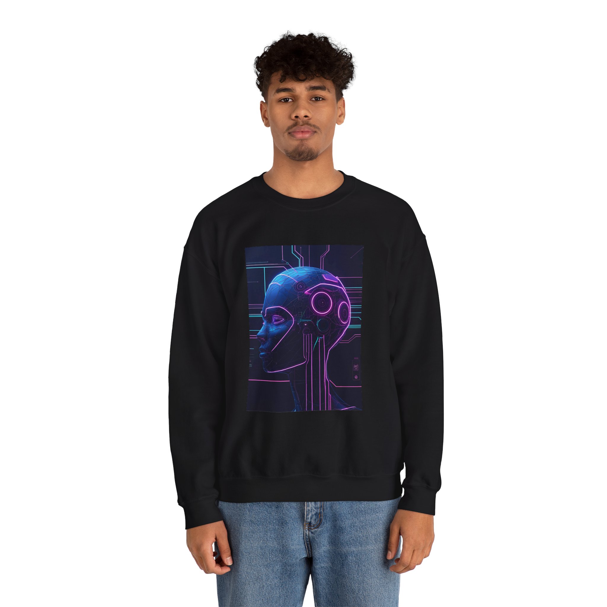 Cyberpunk AI Wireframe Neon Circuit Dark Sci-Fi Crewneck Sweatshirt - Image 33