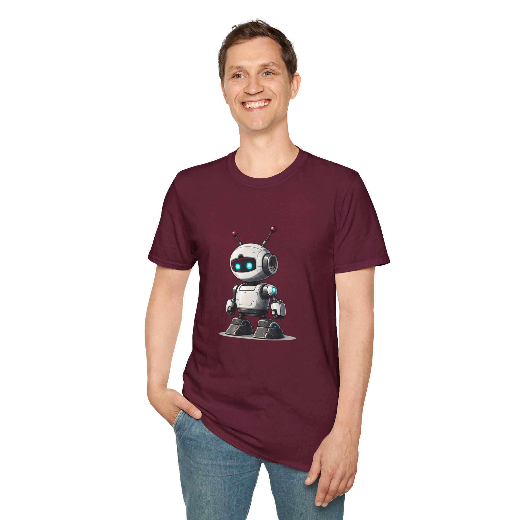 Cute Robot Glowing Eyes – Funny AI Tech Mascot Graphic T-Shirt - Image 50