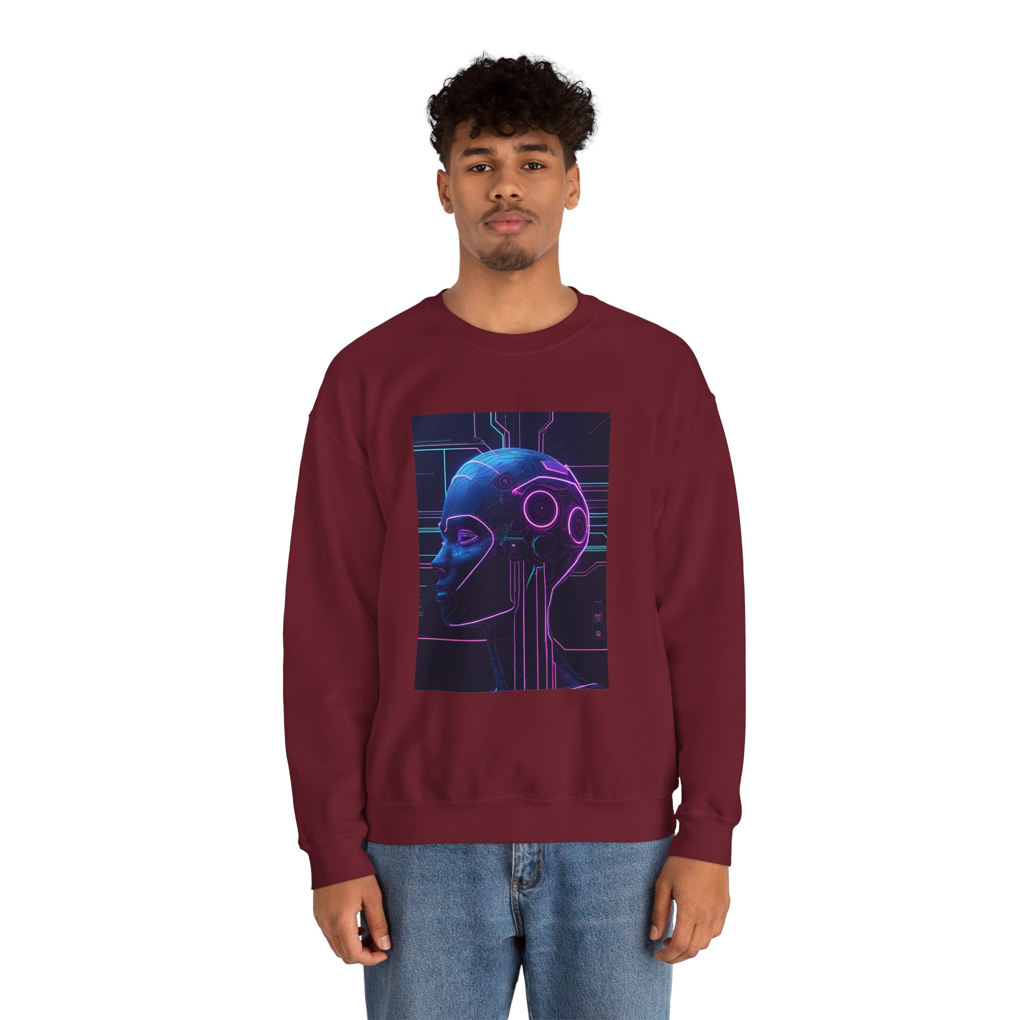 Cyberpunk AI Wireframe Neon Circuit Dark Sci-Fi Crewneck Sweatshirt - Image 89