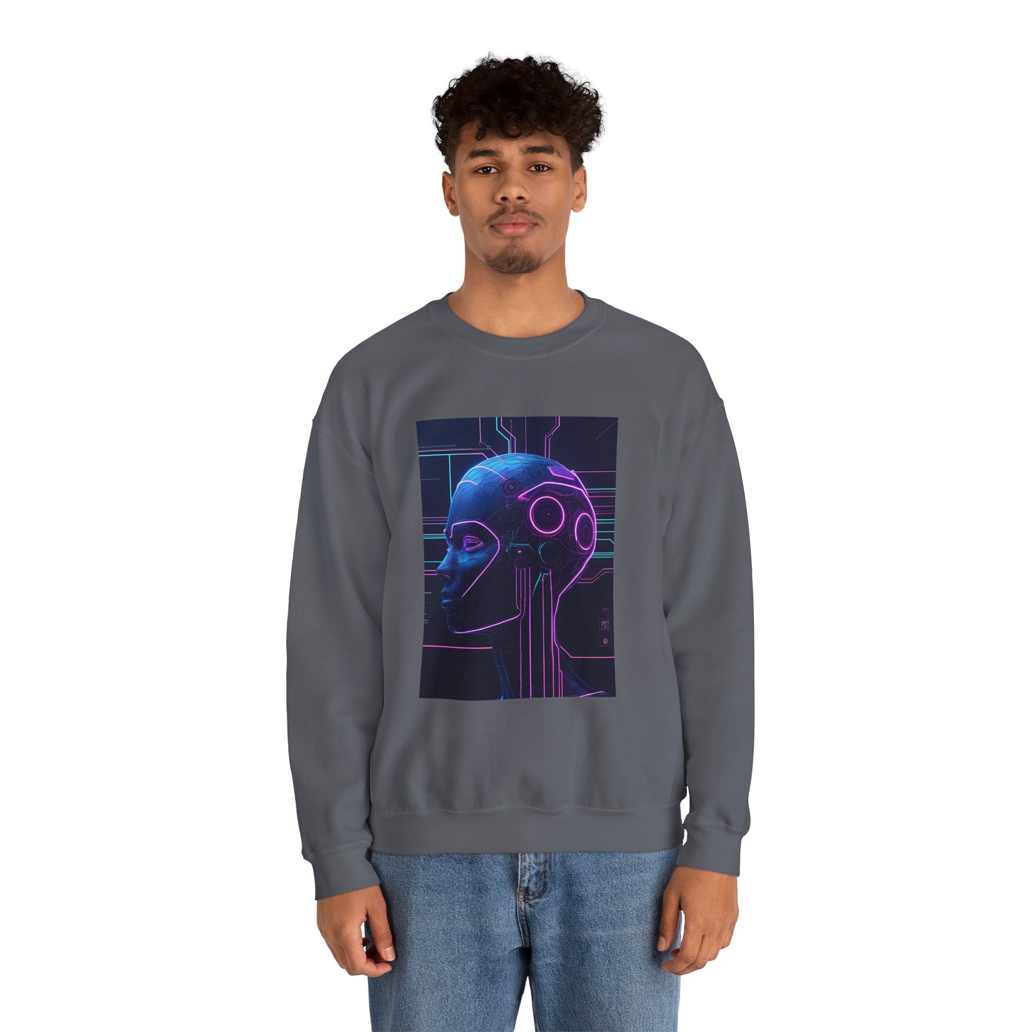 Cyberpunk AI Wireframe Neon Circuit Dark Sci-Fi Crewneck Sweatshirt - Image 47