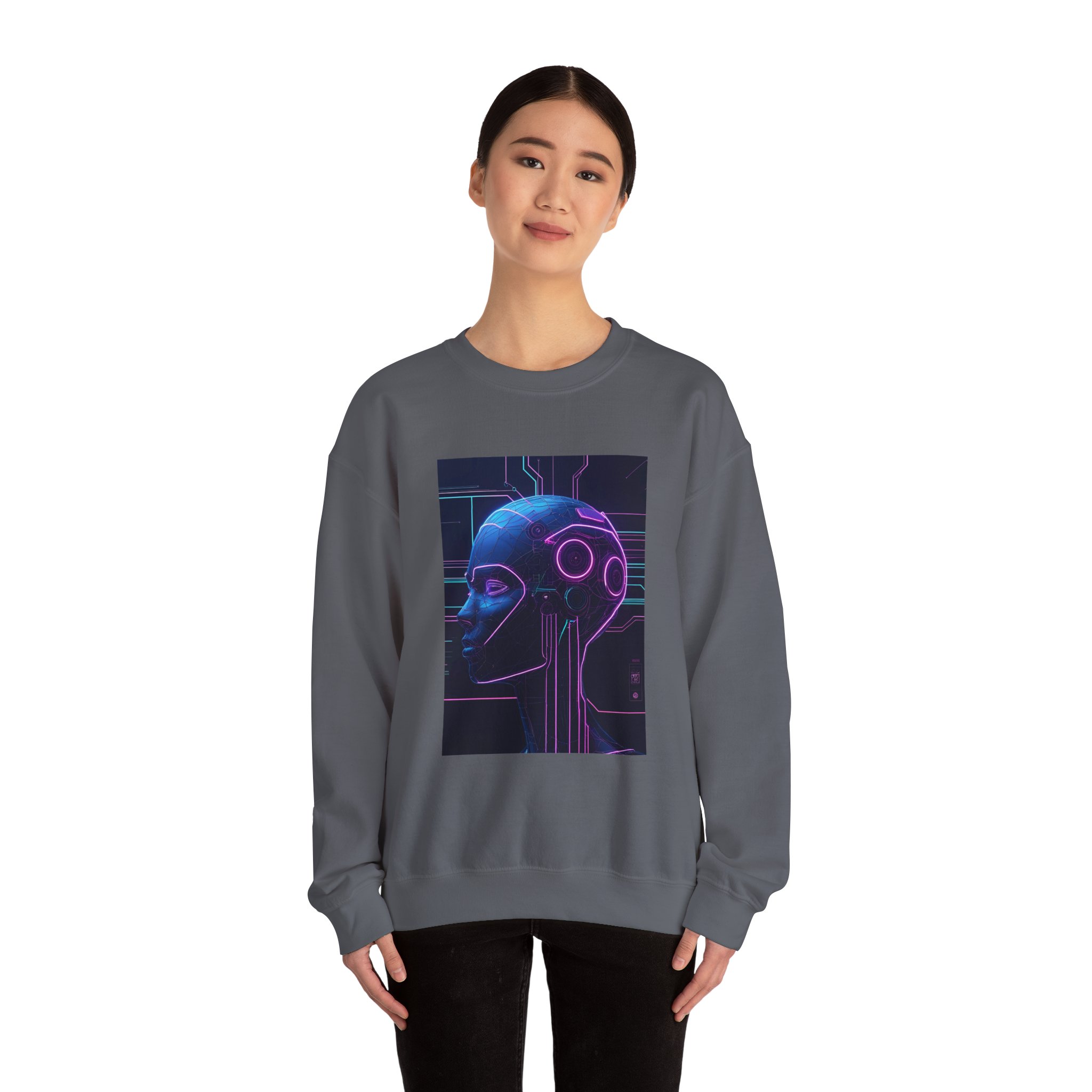 Cyberpunk AI Wireframe Neon Circuit Dark Sci-Fi Crewneck Sweatshirt - Image 46