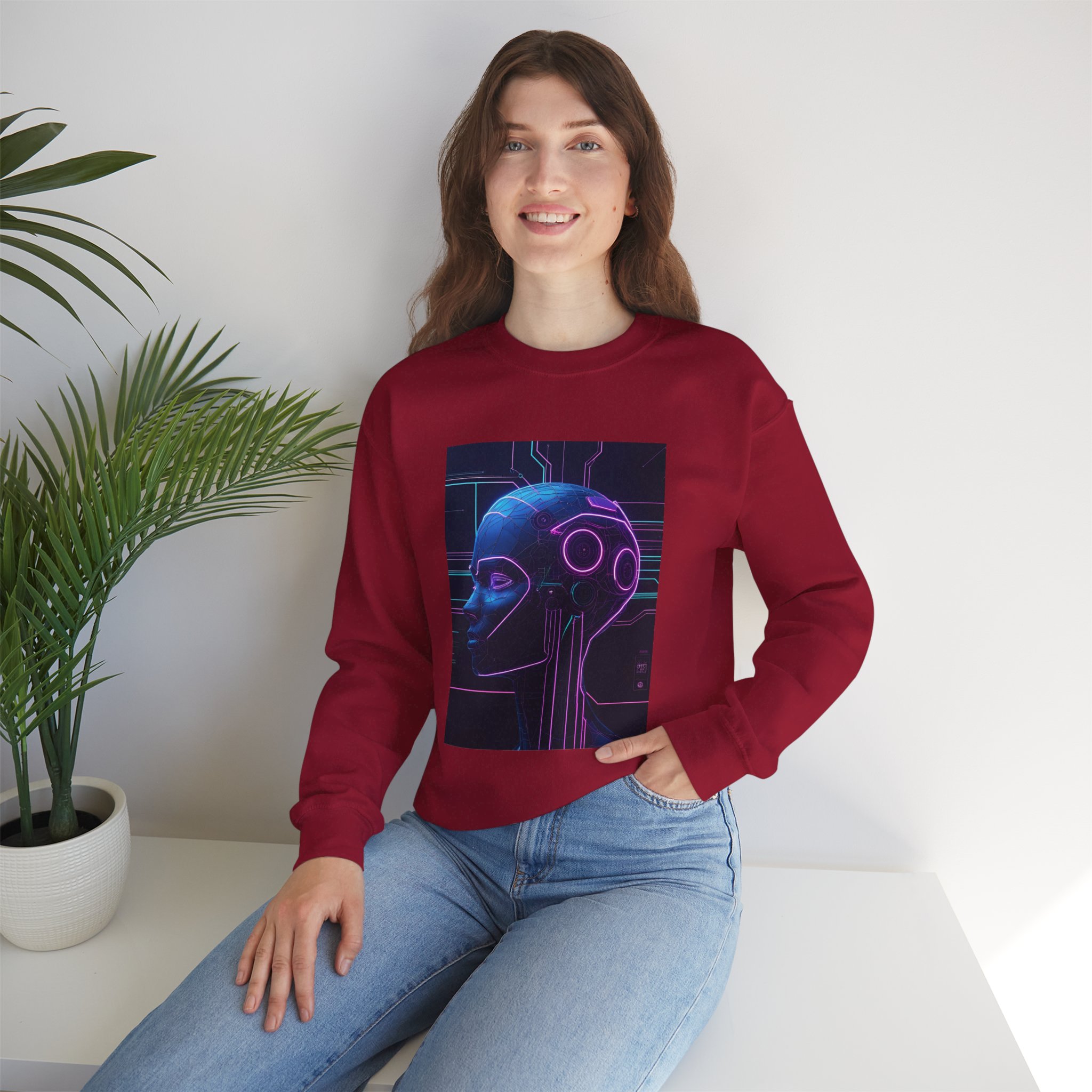 Cyberpunk AI Wireframe Neon Circuit Dark Sci-Fi Crewneck Sweatshirt - Image 97