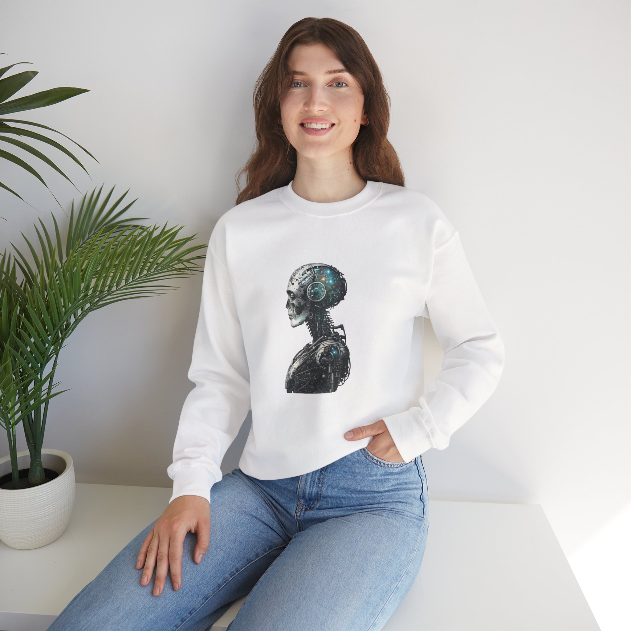 Cosmic Cyber Skull – Dark Cyberpunk Biomechanical Crewneck Sweatshirt - Image 13