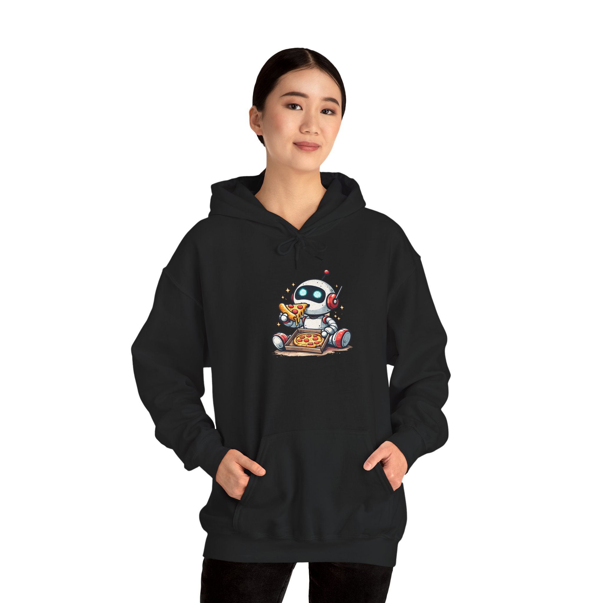 Robot Eating Pizza – Cute AI Tech Humor Graphic Pullover Hoodie - Image 54