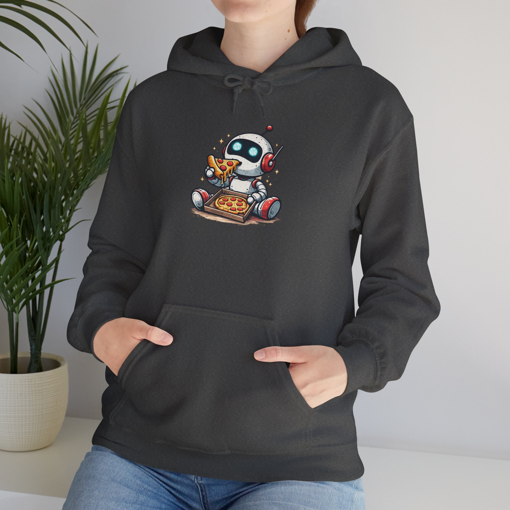 Robot Eating Pizza – Cute AI Tech Humor Graphic Pullover Hoodie - Image 95