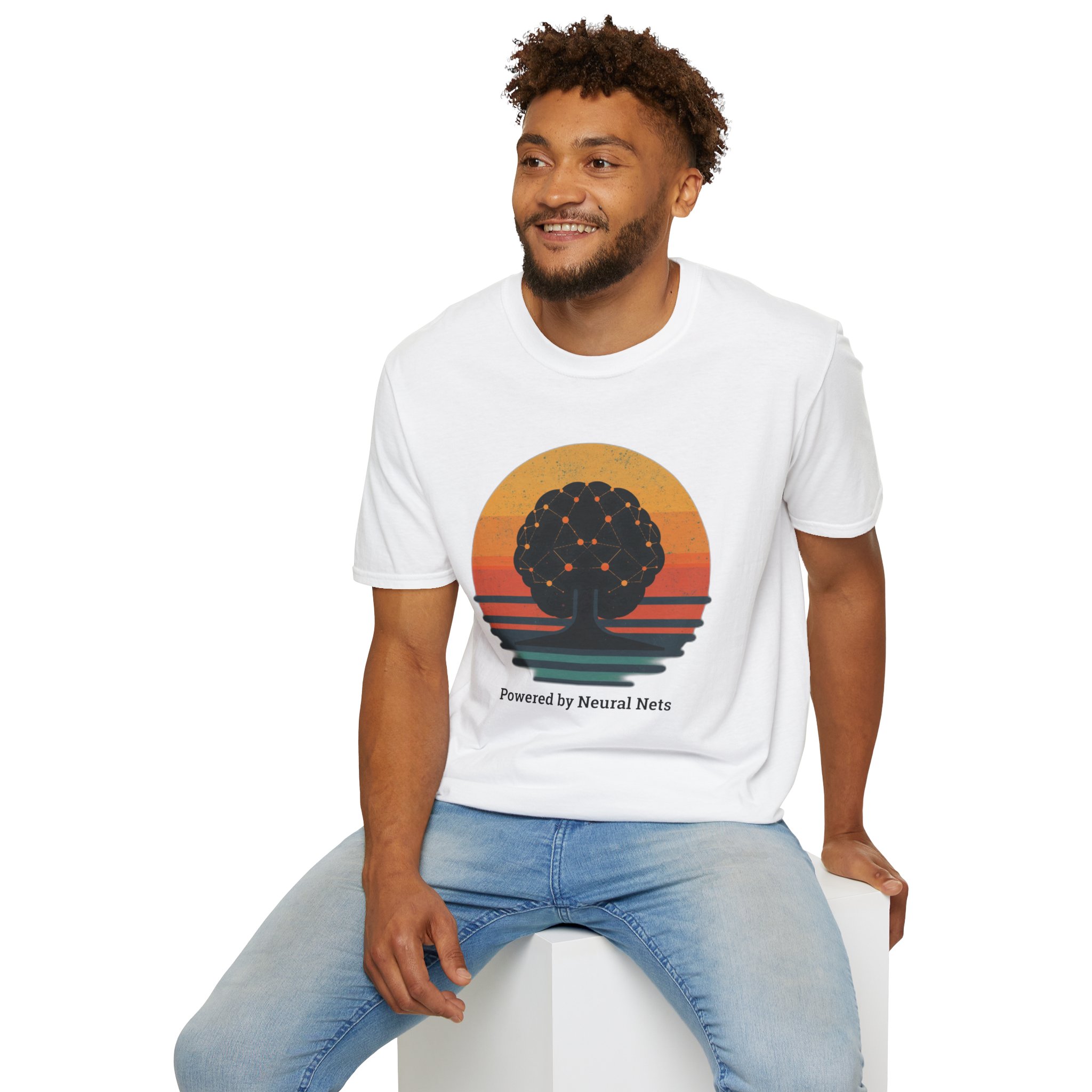 Powered by Neural Nets Retro Sunset Neural Network Tree AI T-Shirt - Image 17