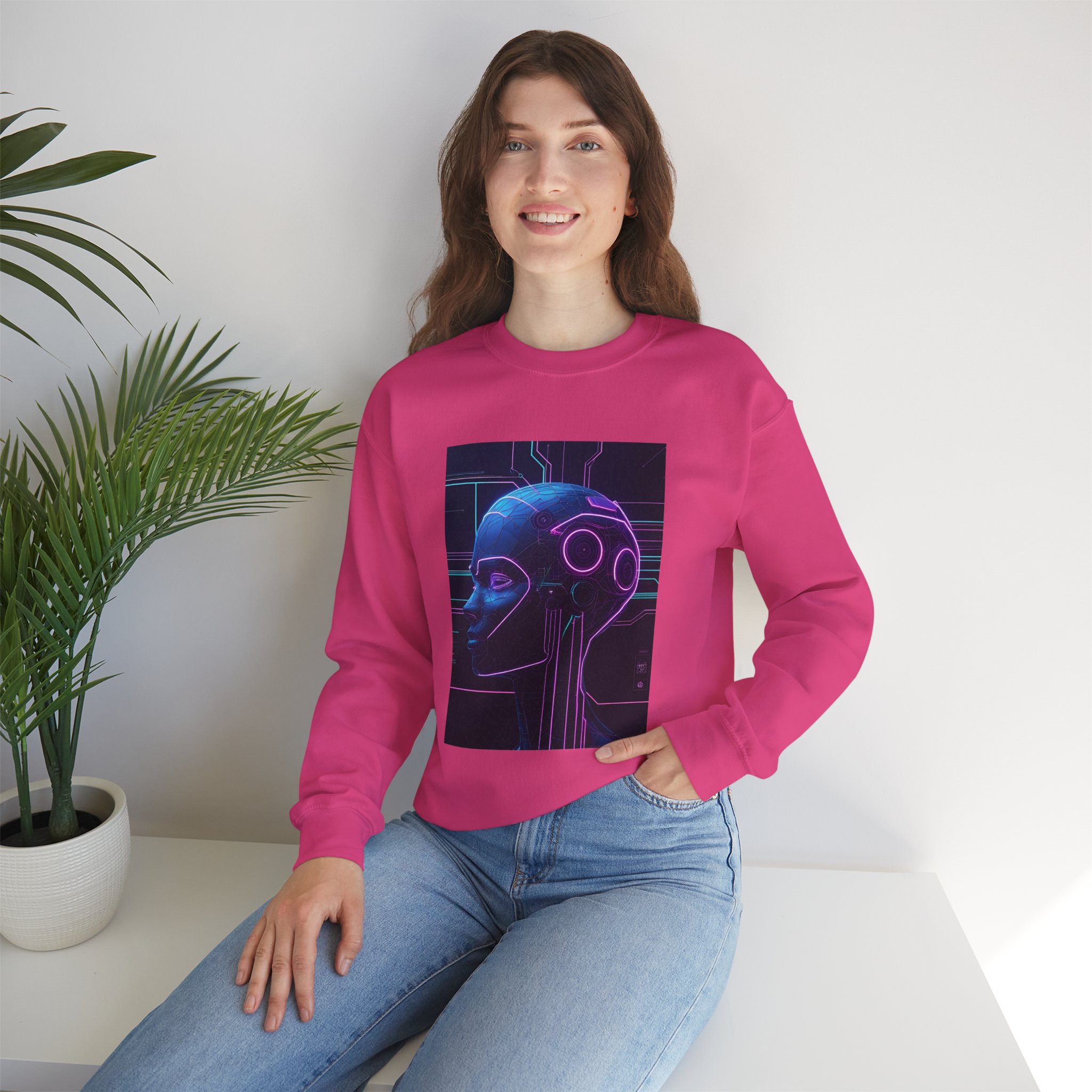 Cyberpunk AI Wireframe Neon Circuit Dark Sci-Fi Crewneck Sweatshirt - Image 69