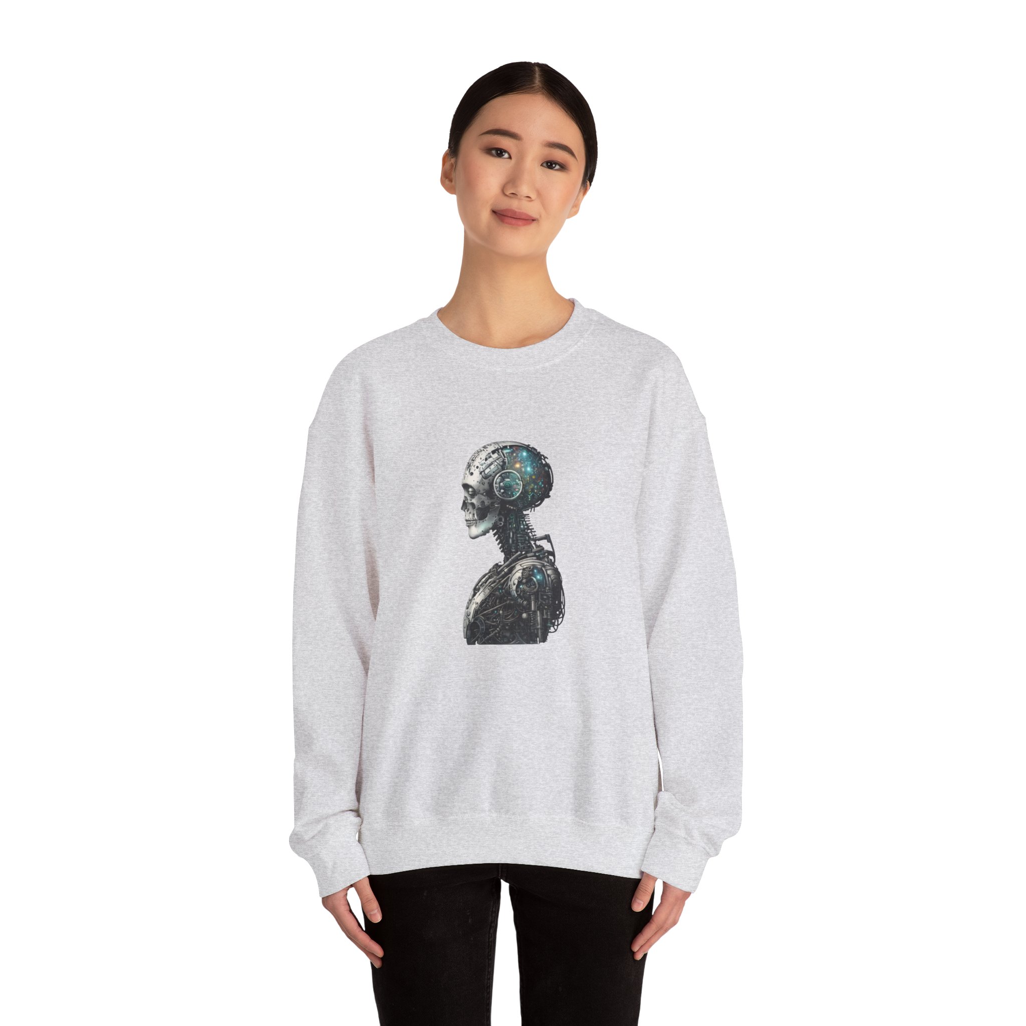 Cosmic Cyber Skull – Dark Cyberpunk Biomechanical Crewneck Sweatshirt - Image 5