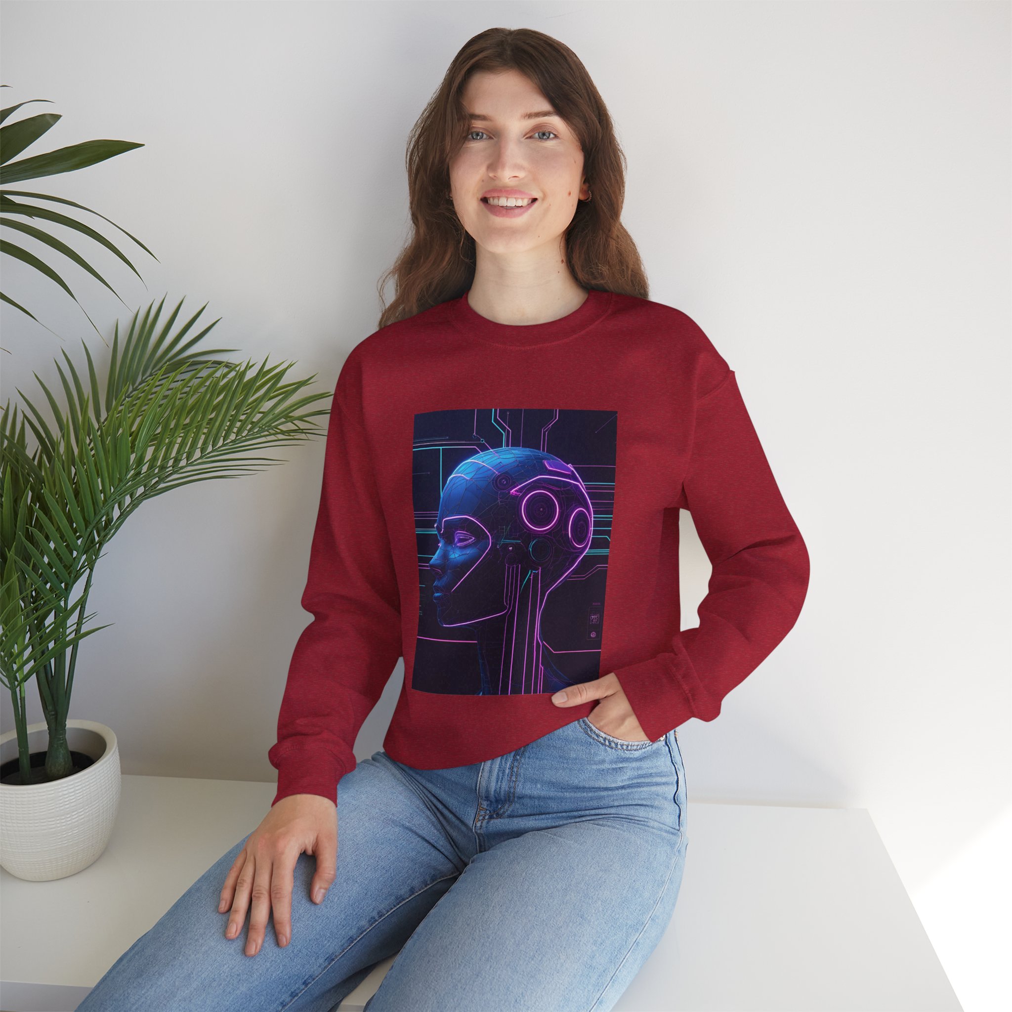 Cyberpunk AI Wireframe Neon Circuit Dark Sci-Fi Crewneck Sweatshirt - Image 83