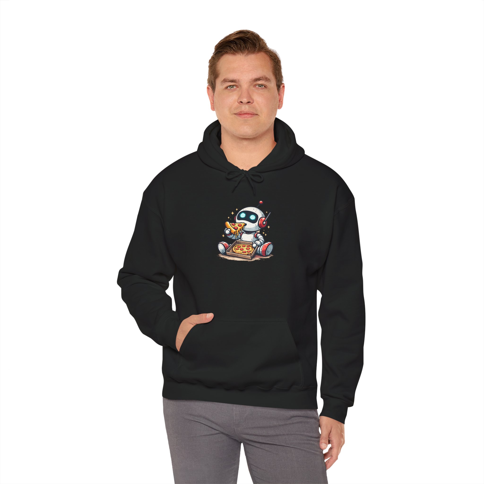 Robot Eating Pizza – Cute AI Tech Humor Graphic Pullover Hoodie - Image 57
