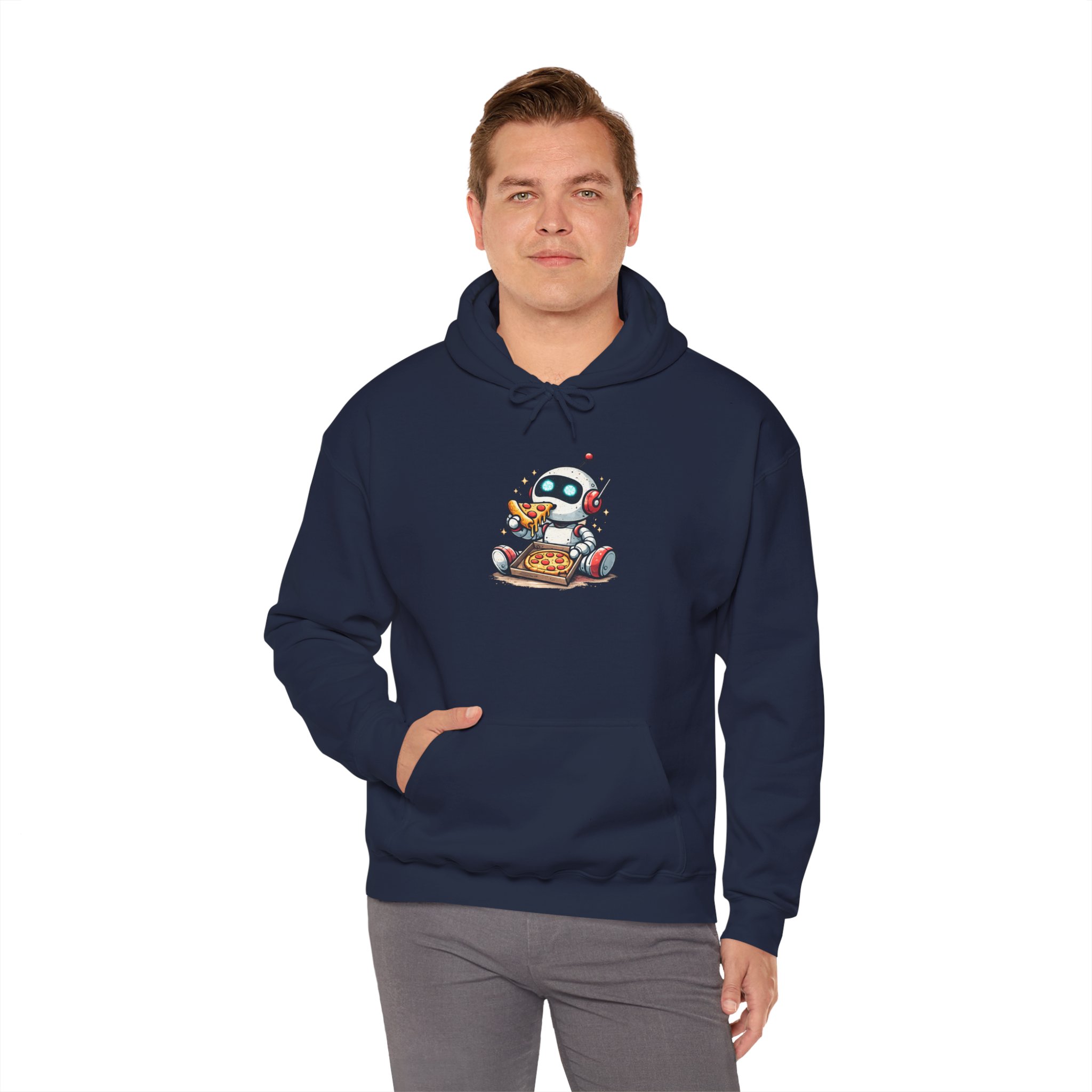 Robot Eating Pizza – Cute AI Tech Humor Graphic Pullover Hoodie - Image 117