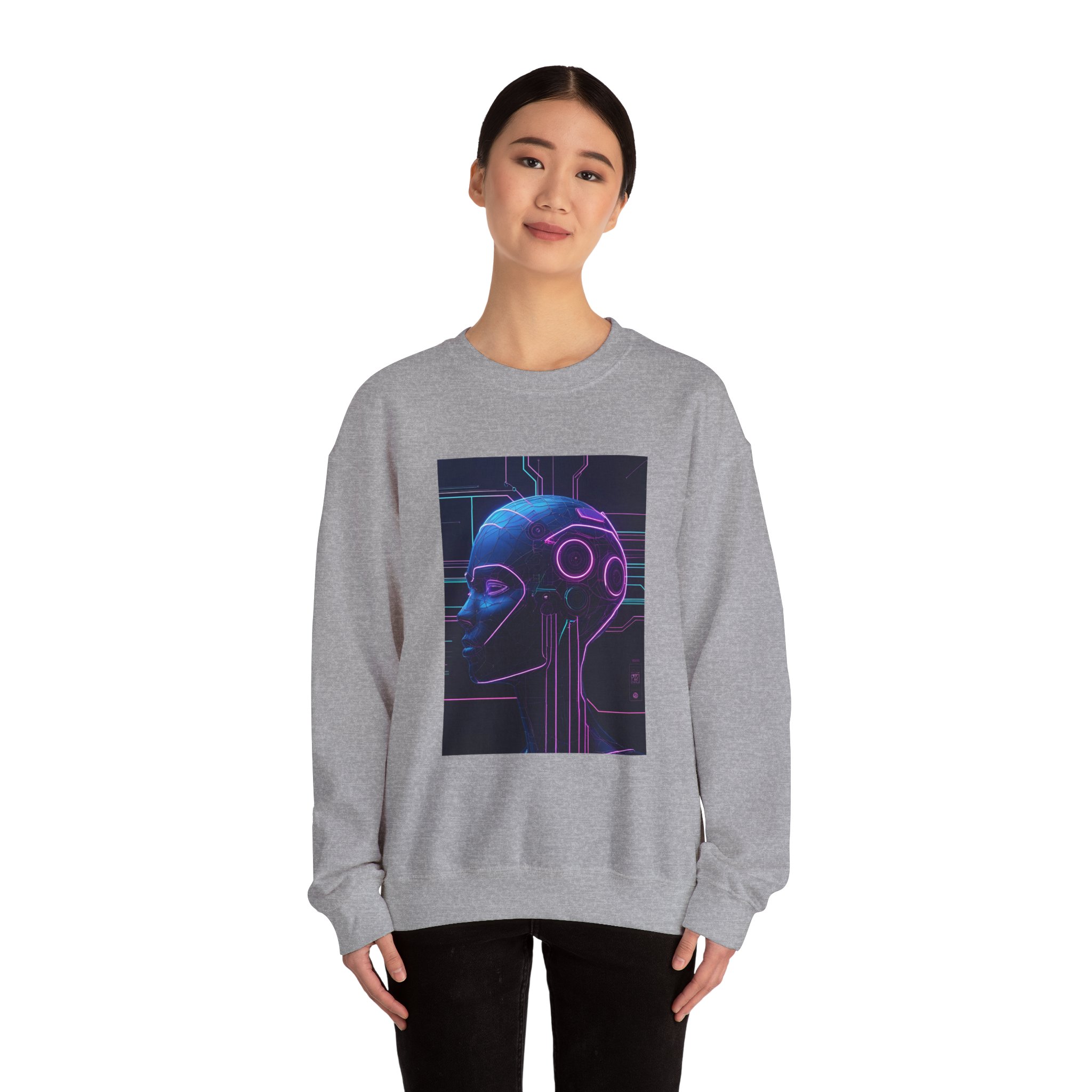 Cyberpunk AI Wireframe Neon Circuit Dark Sci-Fi Crewneck Sweatshirt - Image 5