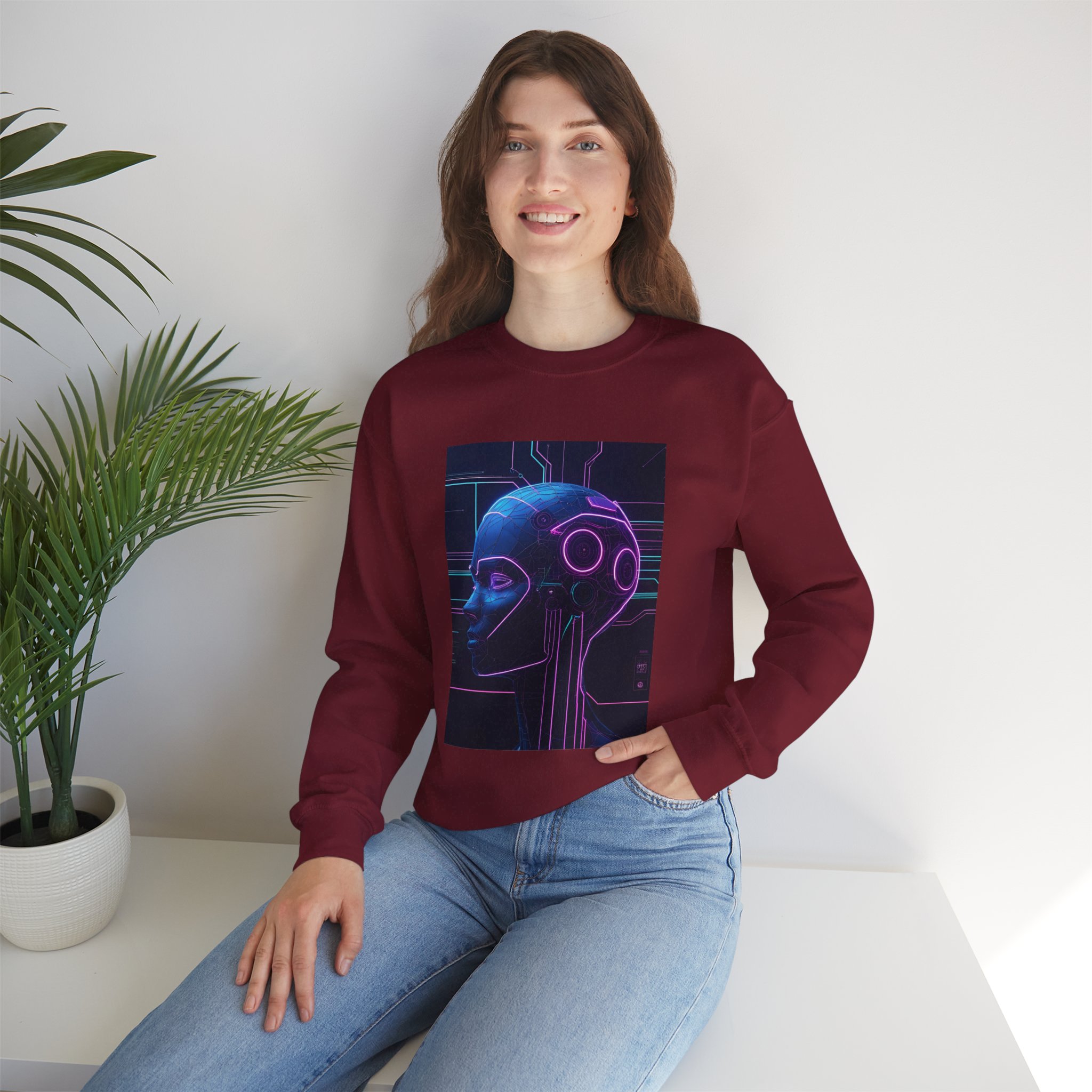Cyberpunk AI Wireframe Neon Circuit Dark Sci-Fi Crewneck Sweatshirt - Image 90