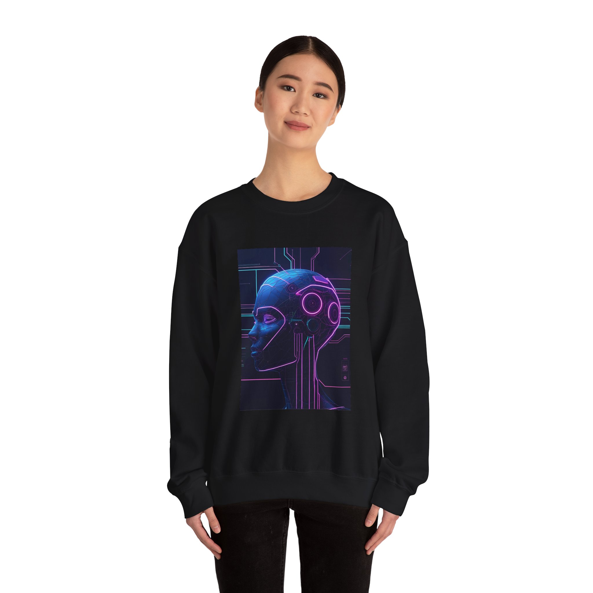 Cyberpunk AI Wireframe Neon Circuit Dark Sci-Fi Crewneck Sweatshirt - Image 32