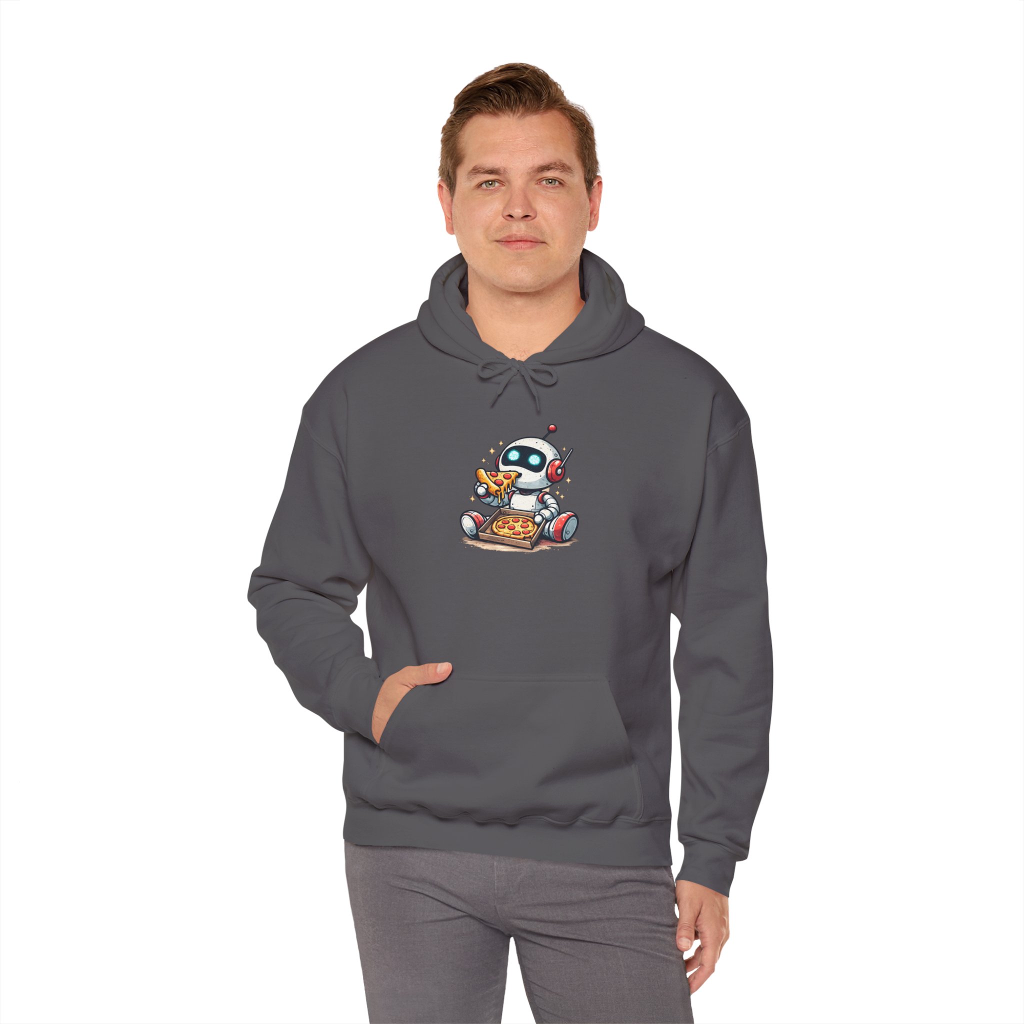 Robot Eating Pizza – Cute AI Tech Humor Graphic Pullover Hoodie - Image 105