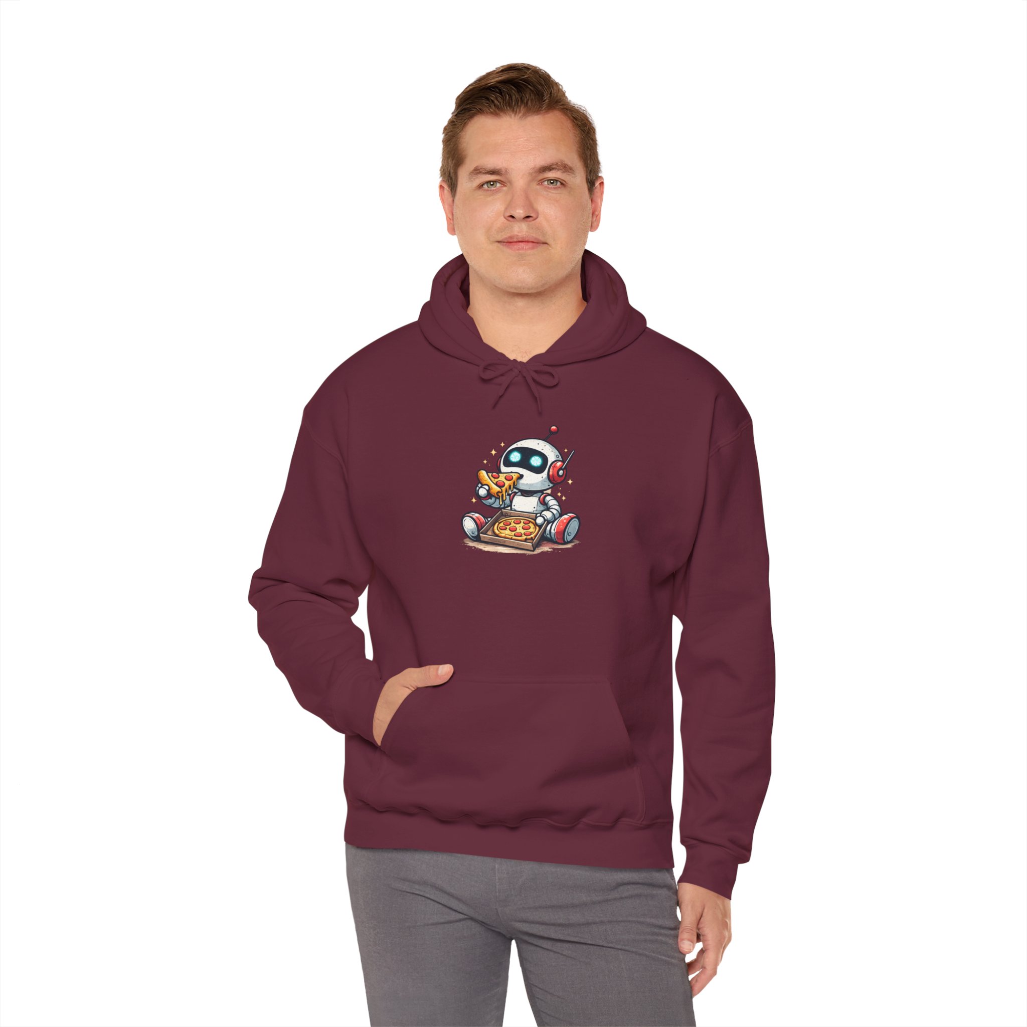 Robot Eating Pizza – Cute AI Tech Humor Graphic Pullover Hoodie - Image 69