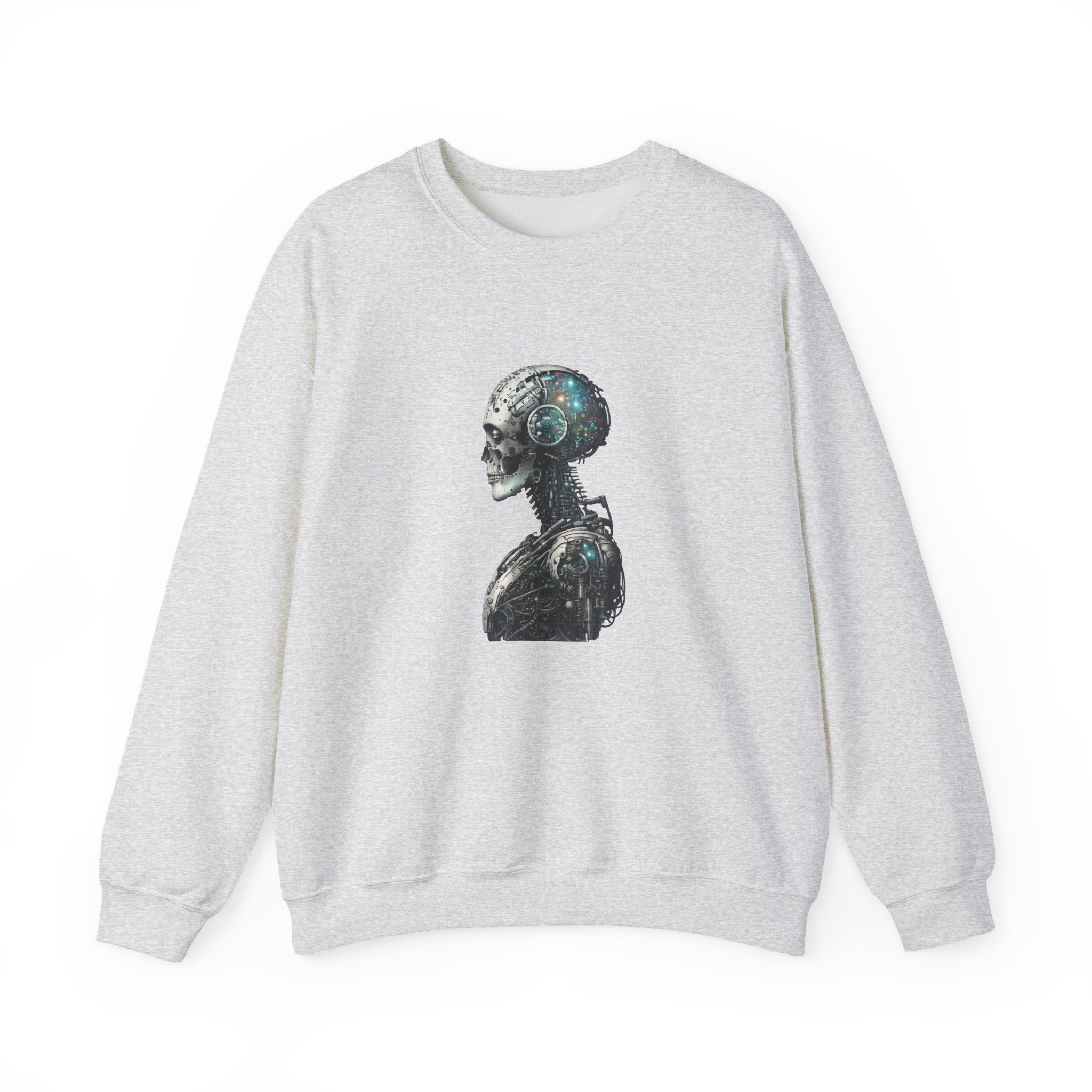 Cosmic Cyber Skull – Dark Cyberpunk Biomechanical Crewneck Sweatshirt - Image 2