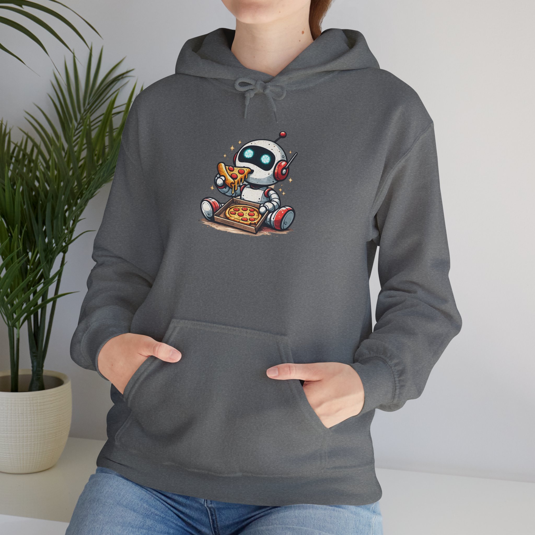 Robot Eating Pizza – Cute AI Tech Humor Graphic Pullover Hoodie - Image 83