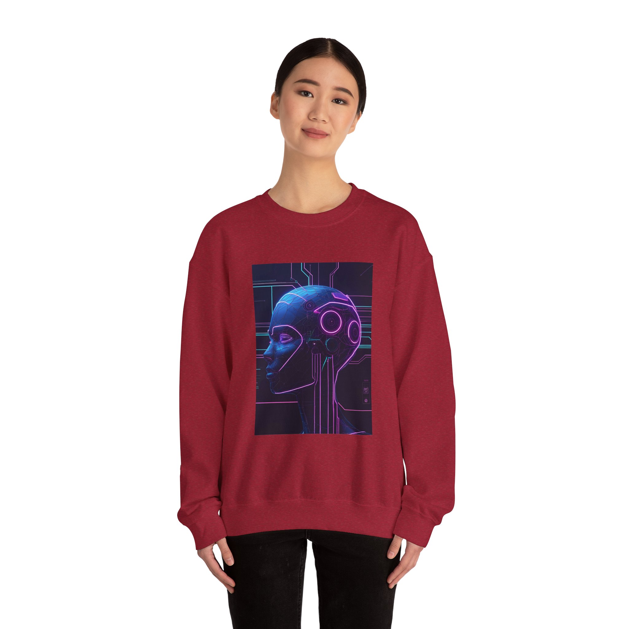 Cyberpunk AI Wireframe Neon Circuit Dark Sci-Fi Crewneck Sweatshirt - Image 81