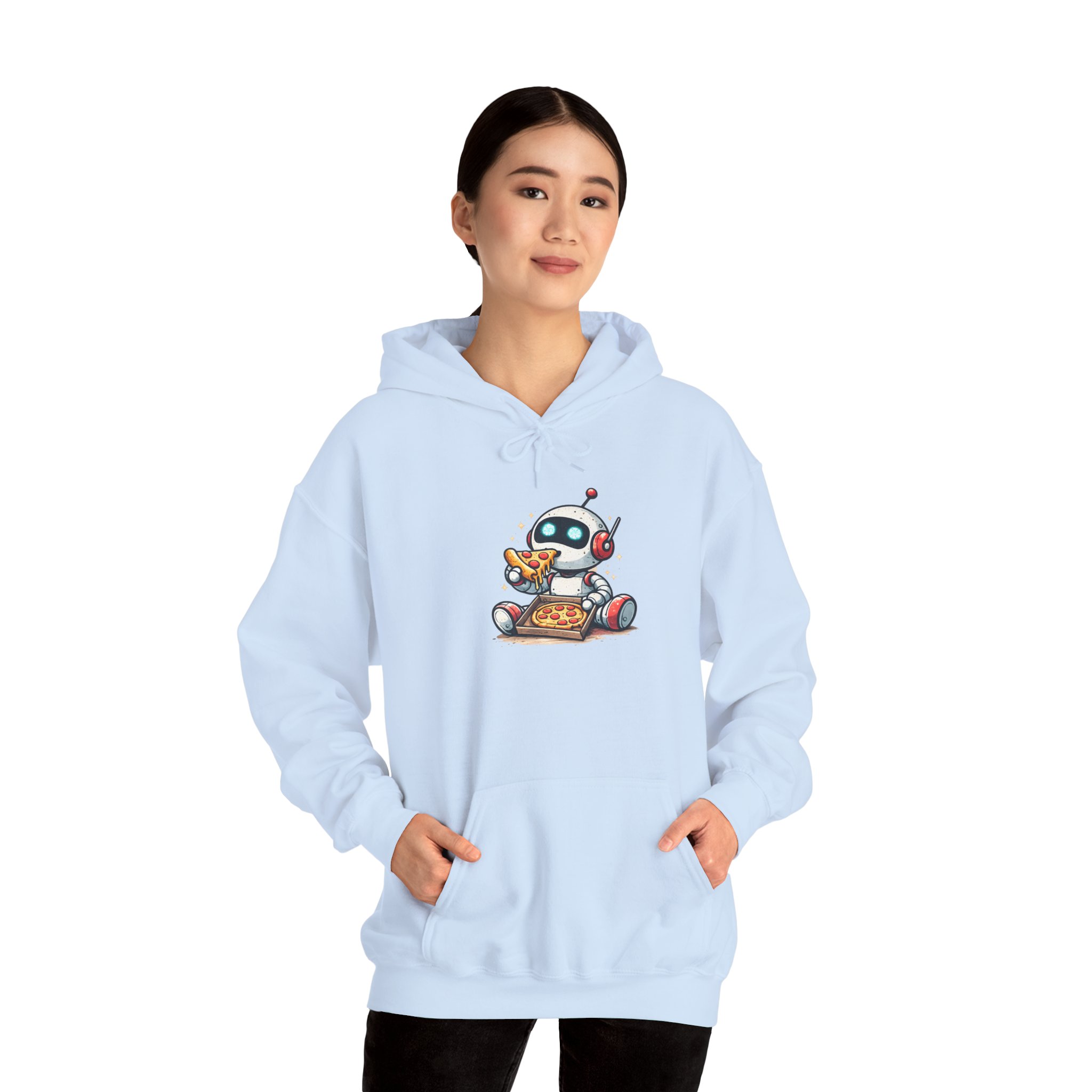 Robot Eating Pizza – Cute AI Tech Humor Graphic Pullover Hoodie - Image 7