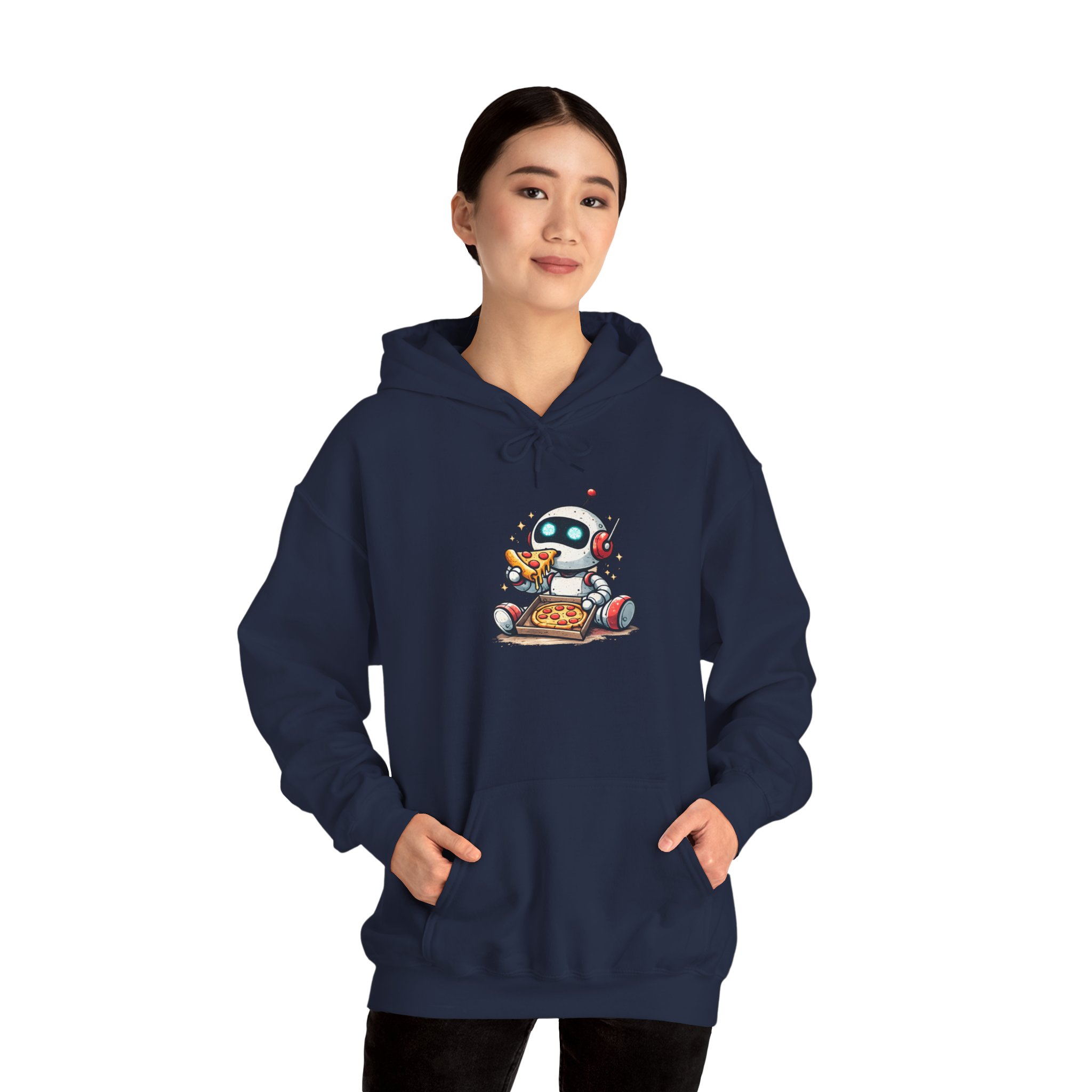 Robot Eating Pizza – Cute AI Tech Humor Graphic Pullover Hoodie - Image 114