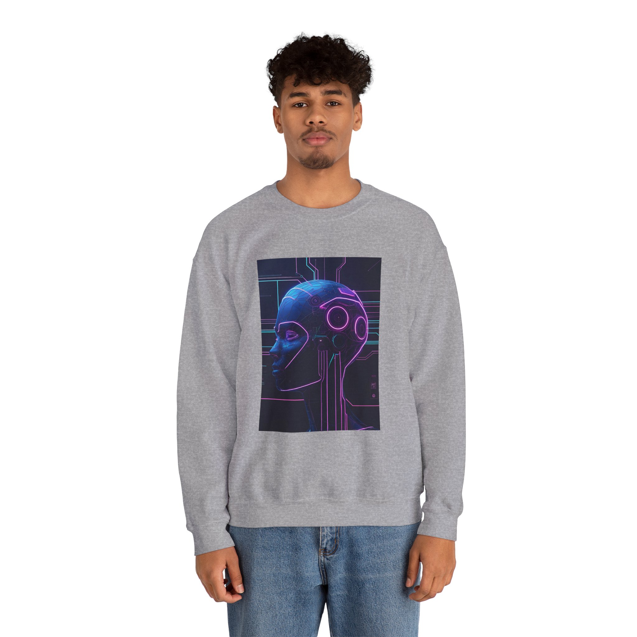 Cyberpunk AI Wireframe Neon Circuit Dark Sci-Fi Crewneck Sweatshirt