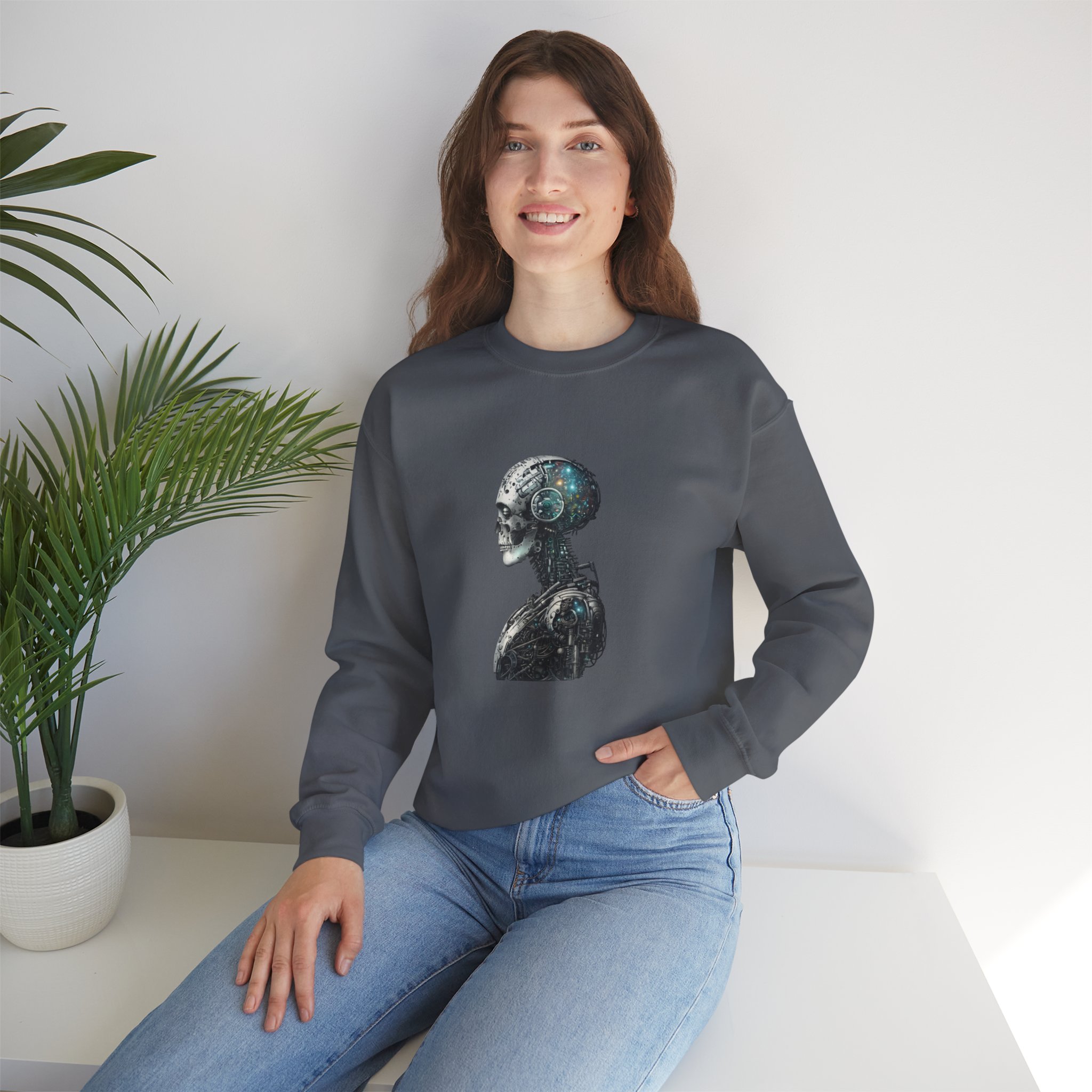 Cosmic Cyber Skull – Dark Cyberpunk Biomechanical Crewneck Sweatshirt - Image 116