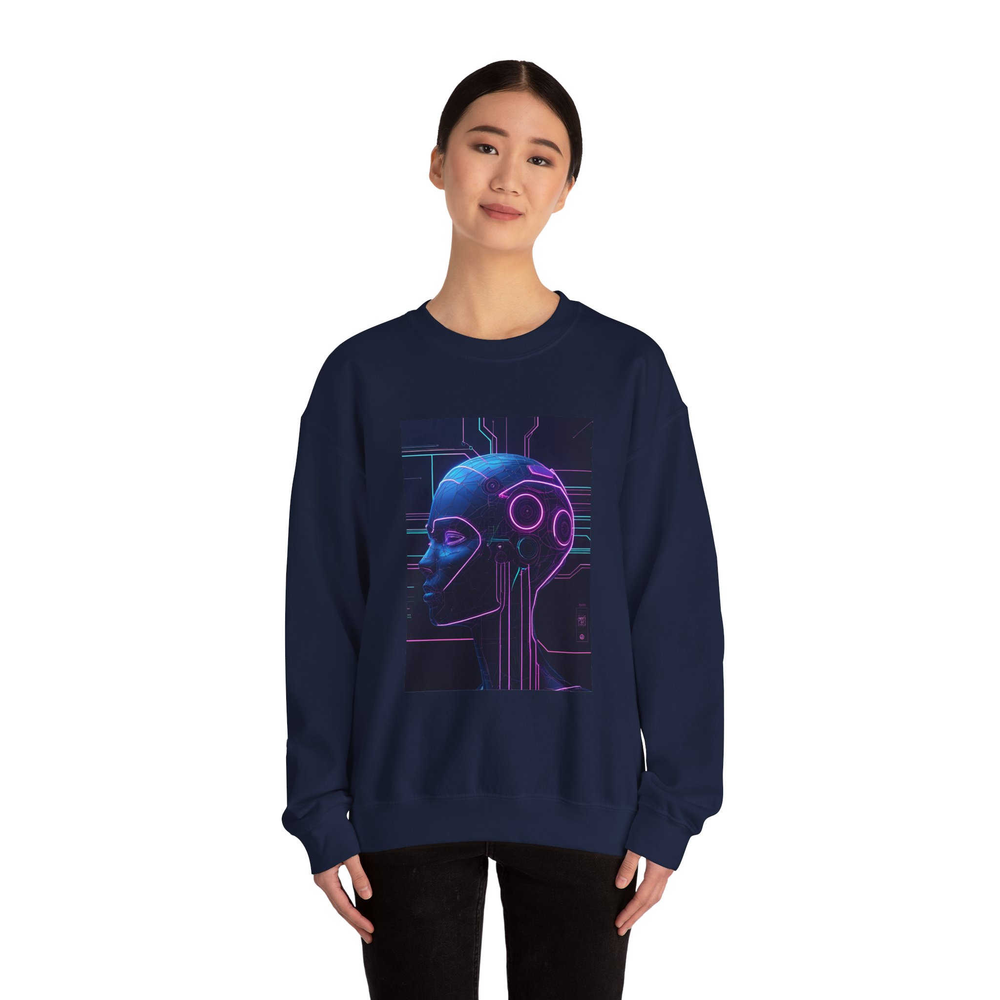 Cyberpunk AI Wireframe Neon Circuit Dark Sci-Fi Crewneck Sweatshirt - Image 53