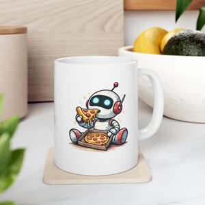 Cute Robot Eating Pizza — Funny AI Tech Lover's Coffee Mug (11oz, 15oz)