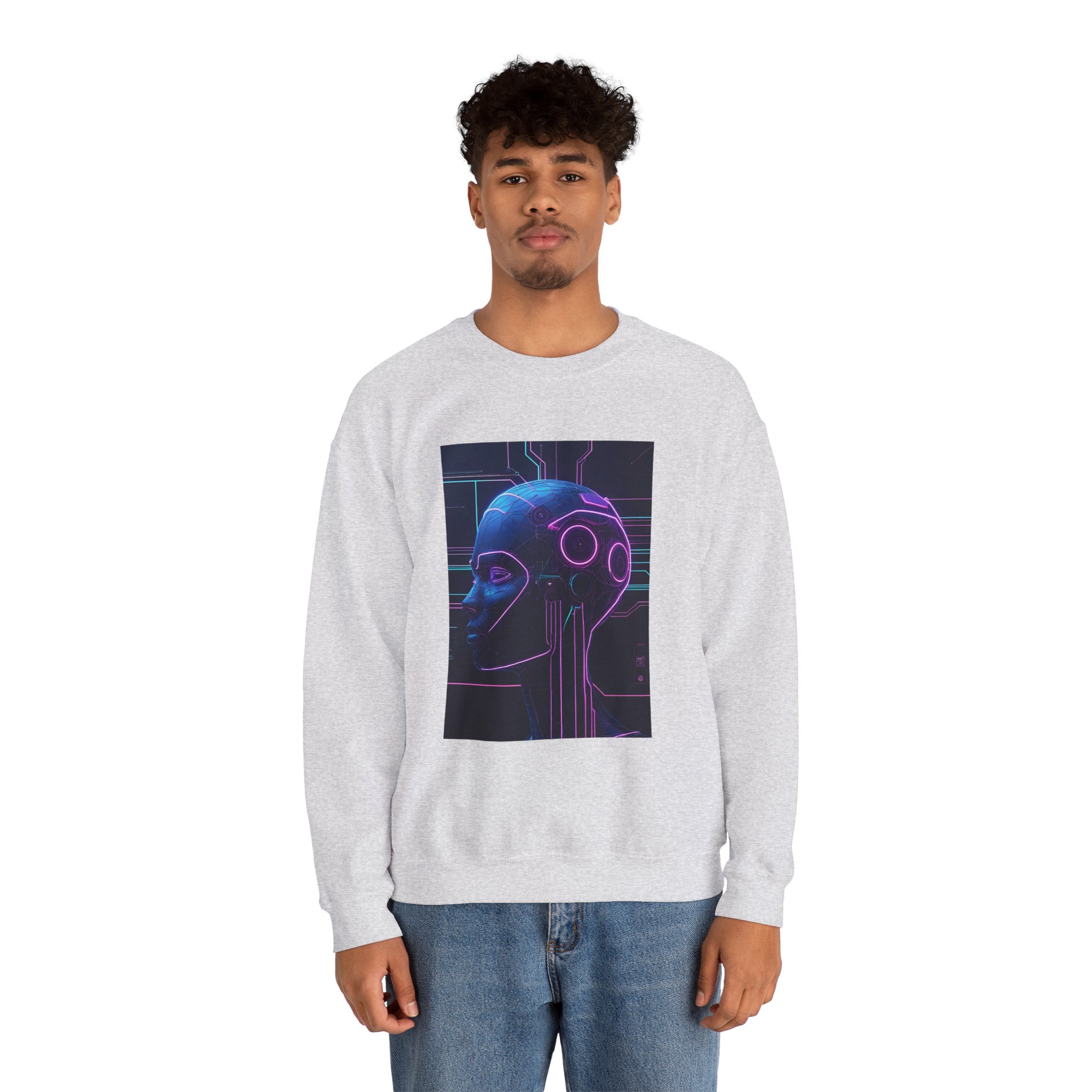 Cyberpunk AI Wireframe Neon Circuit Dark Sci-Fi Crewneck Sweatshirt - Image 19
