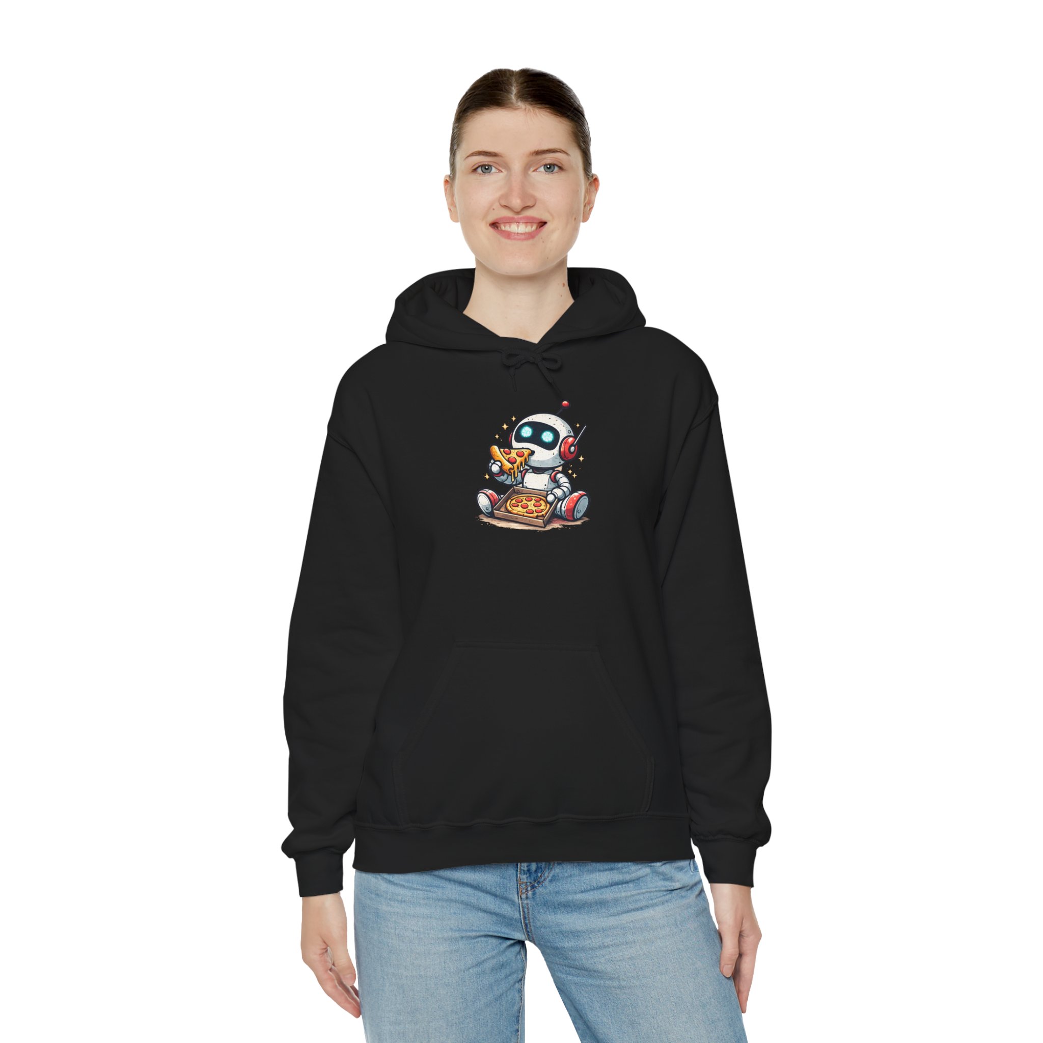 Robot Eating Pizza – Cute AI Tech Humor Graphic Pullover Hoodie - Image 56