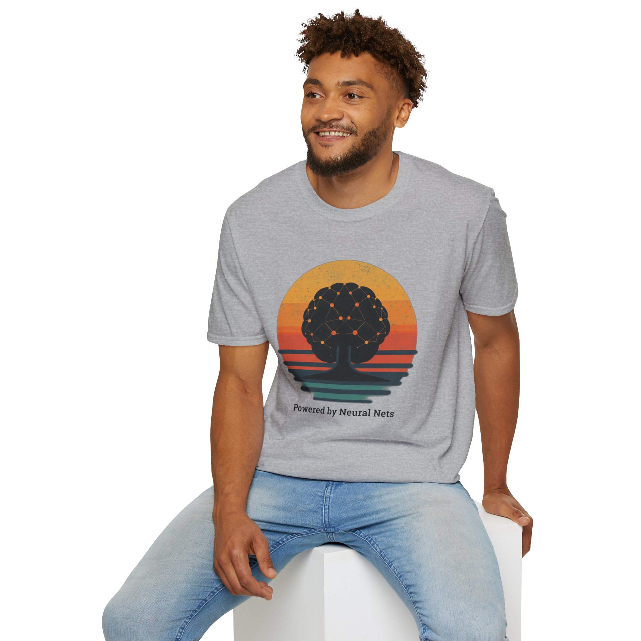 Powered by Neural Nets Retro Sunset Neural Network Tree AI T-Shirt - Image 44