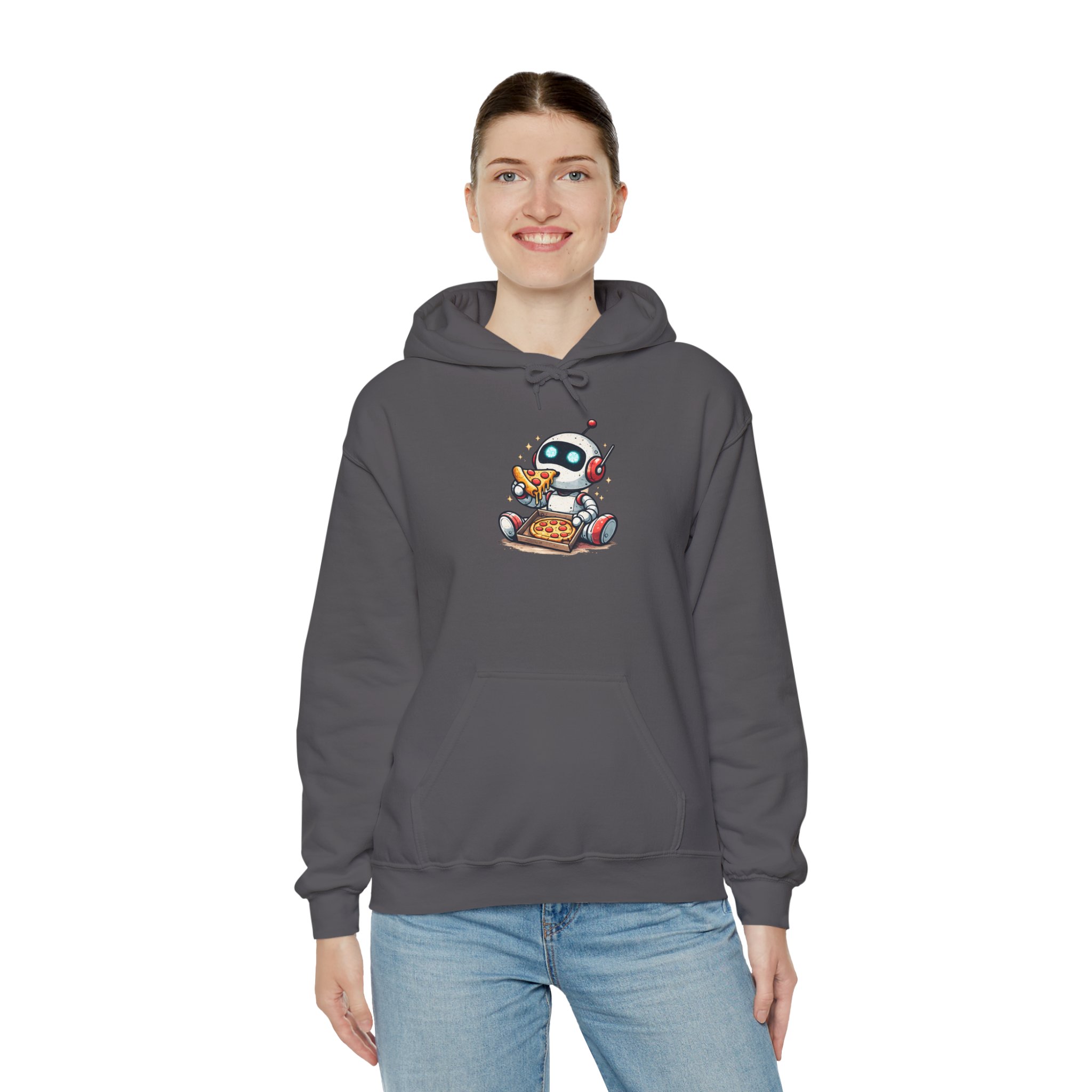 Robot Eating Pizza – Cute AI Tech Humor Graphic Pullover Hoodie - Image 104