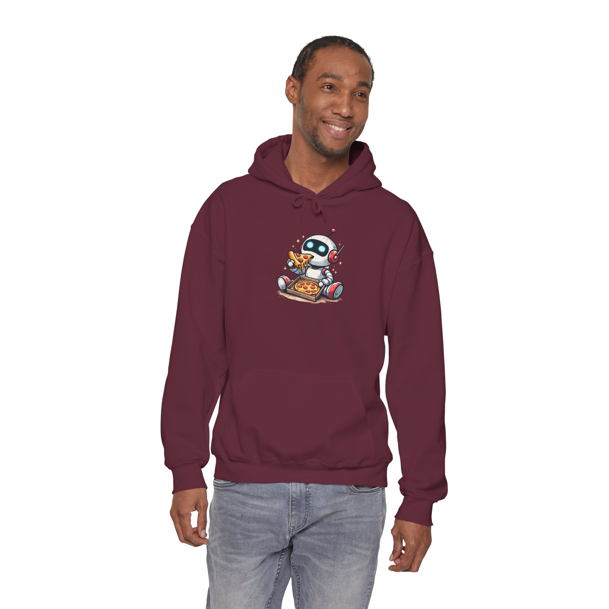 Robot Eating Pizza – Cute AI Tech Humor Graphic Pullover Hoodie - Image 70