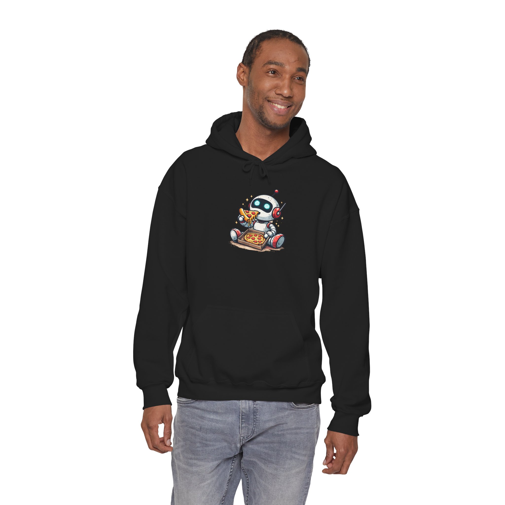 Robot Eating Pizza – Cute AI Tech Humor Graphic Pullover Hoodie - Image 58