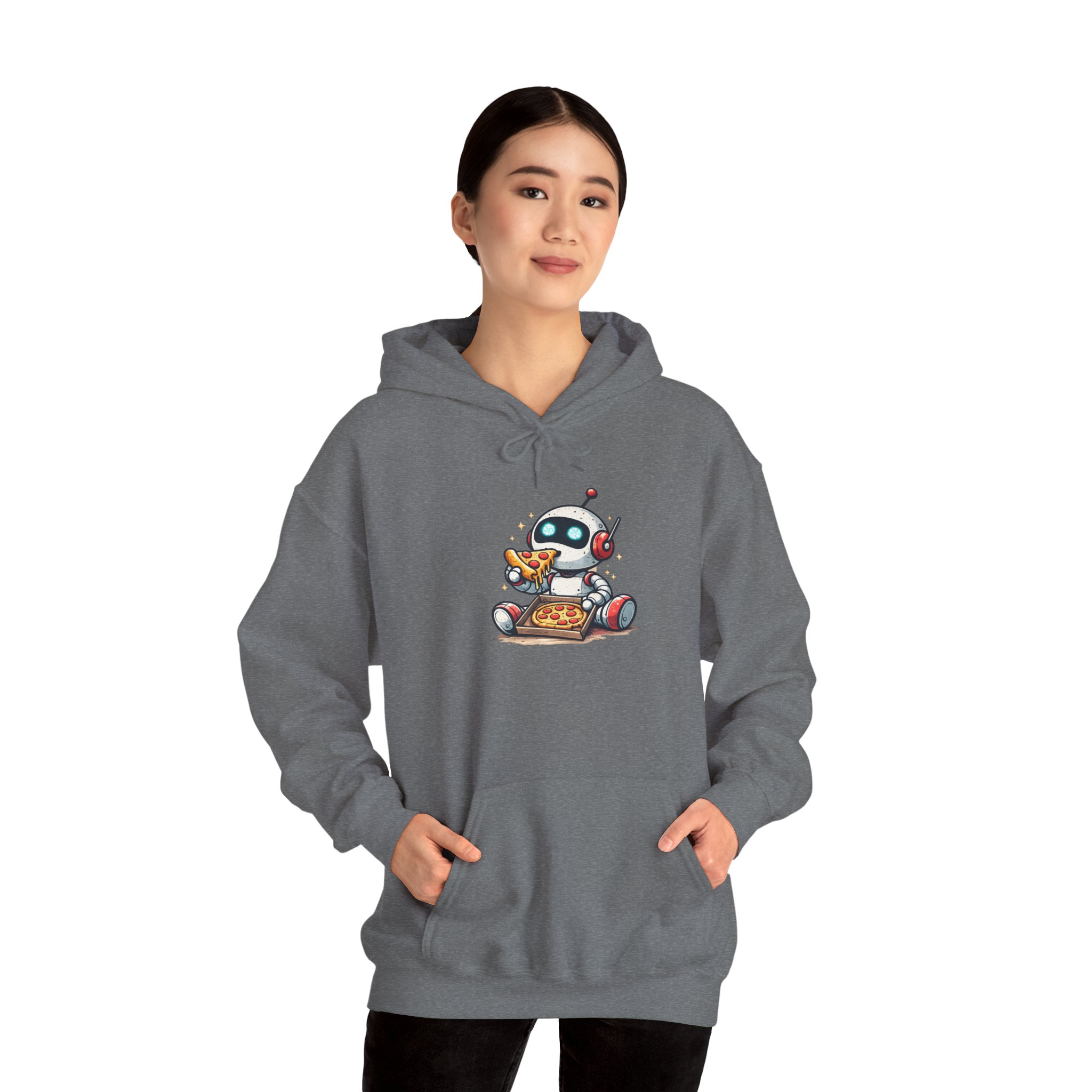 Robot Eating Pizza – Cute AI Tech Humor Graphic Pullover Hoodie - Image 78