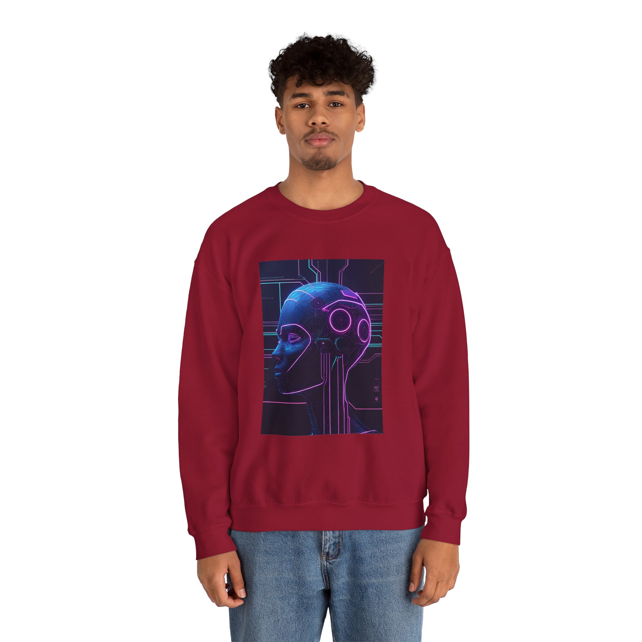 Cyberpunk AI Wireframe Neon Circuit Dark Sci-Fi Crewneck Sweatshirt - Image 96
