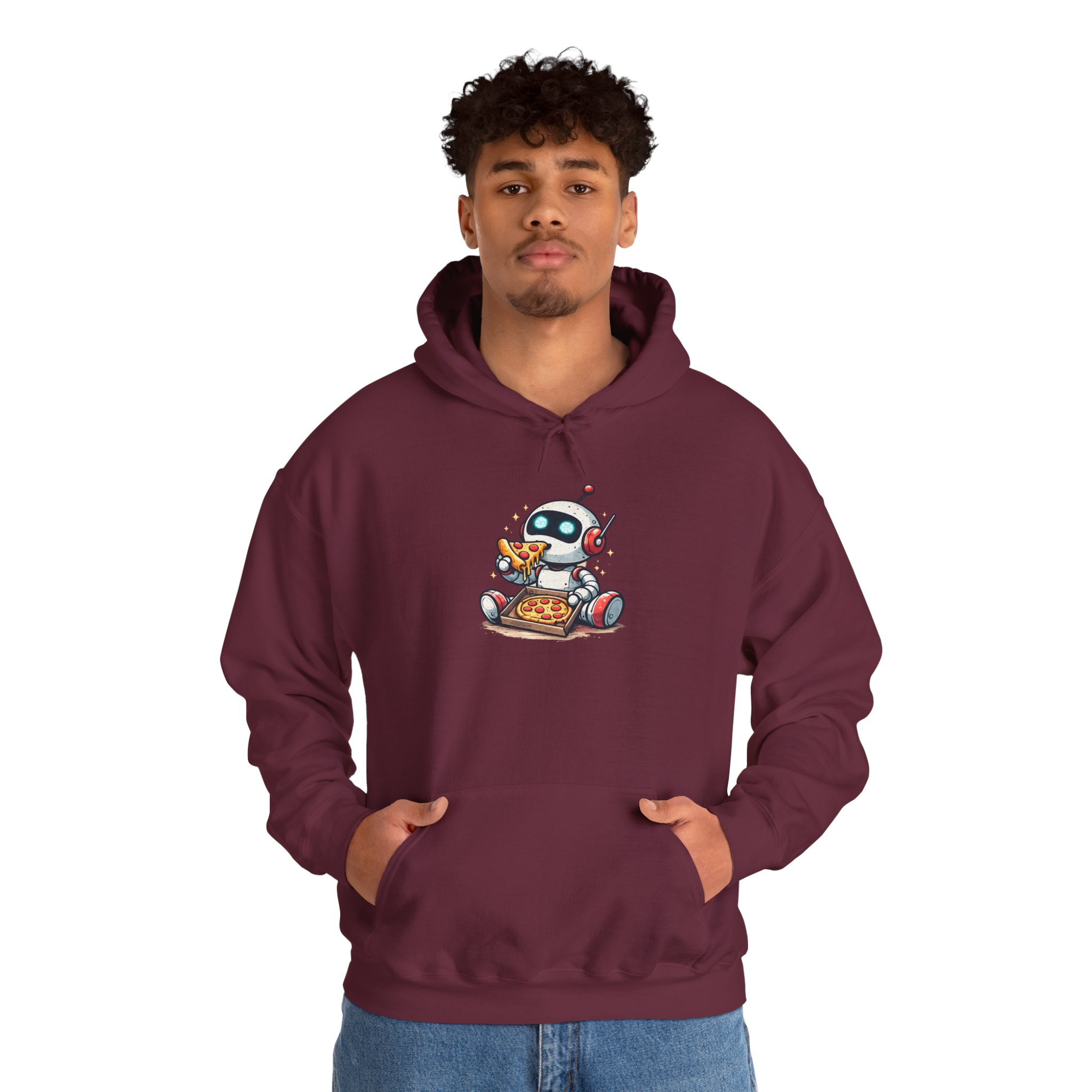 Robot Eating Pizza – Cute AI Tech Humor Graphic Pullover Hoodie - Image 67