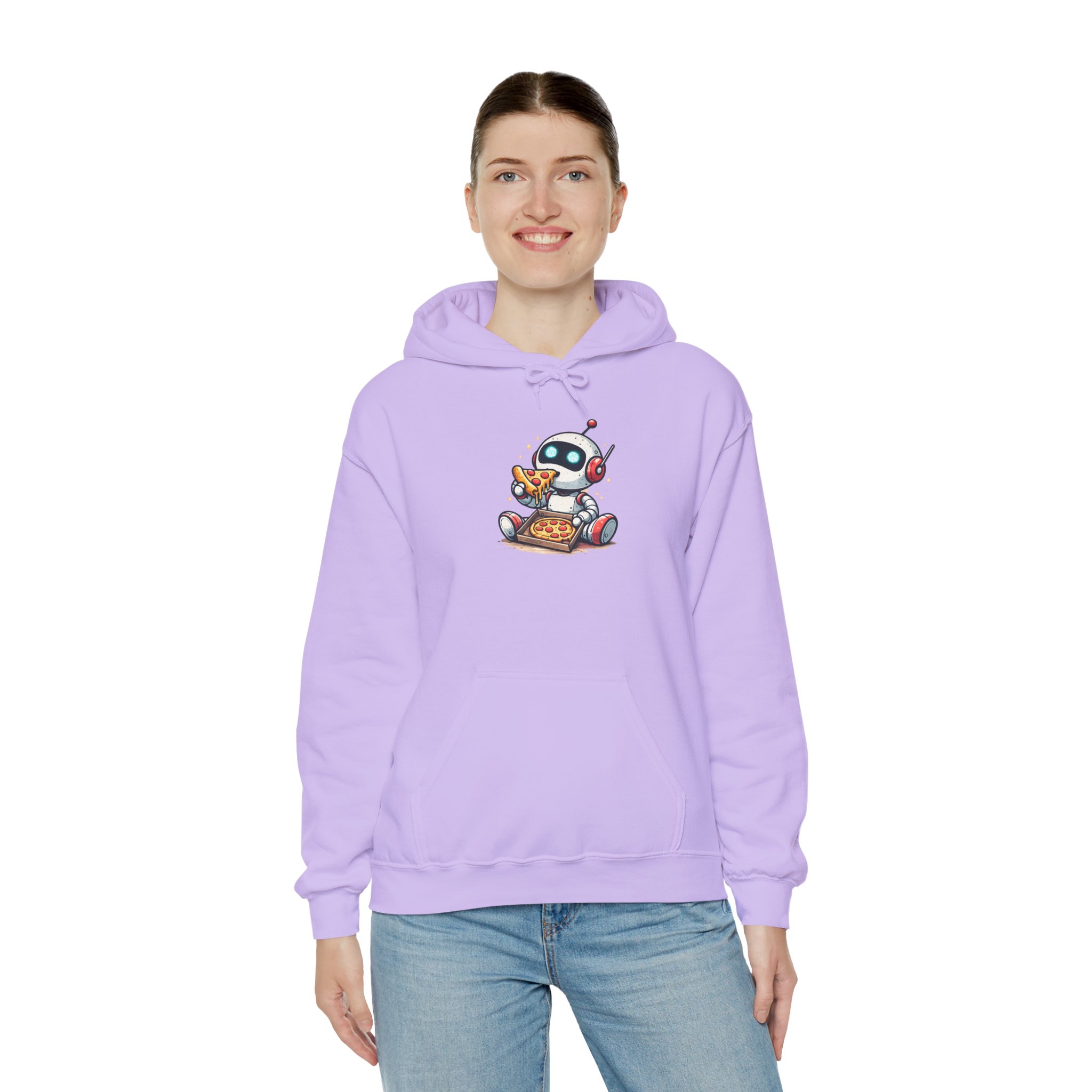 Robot Eating Pizza – Cute AI Tech Humor Graphic Pullover Hoodie - Image 140