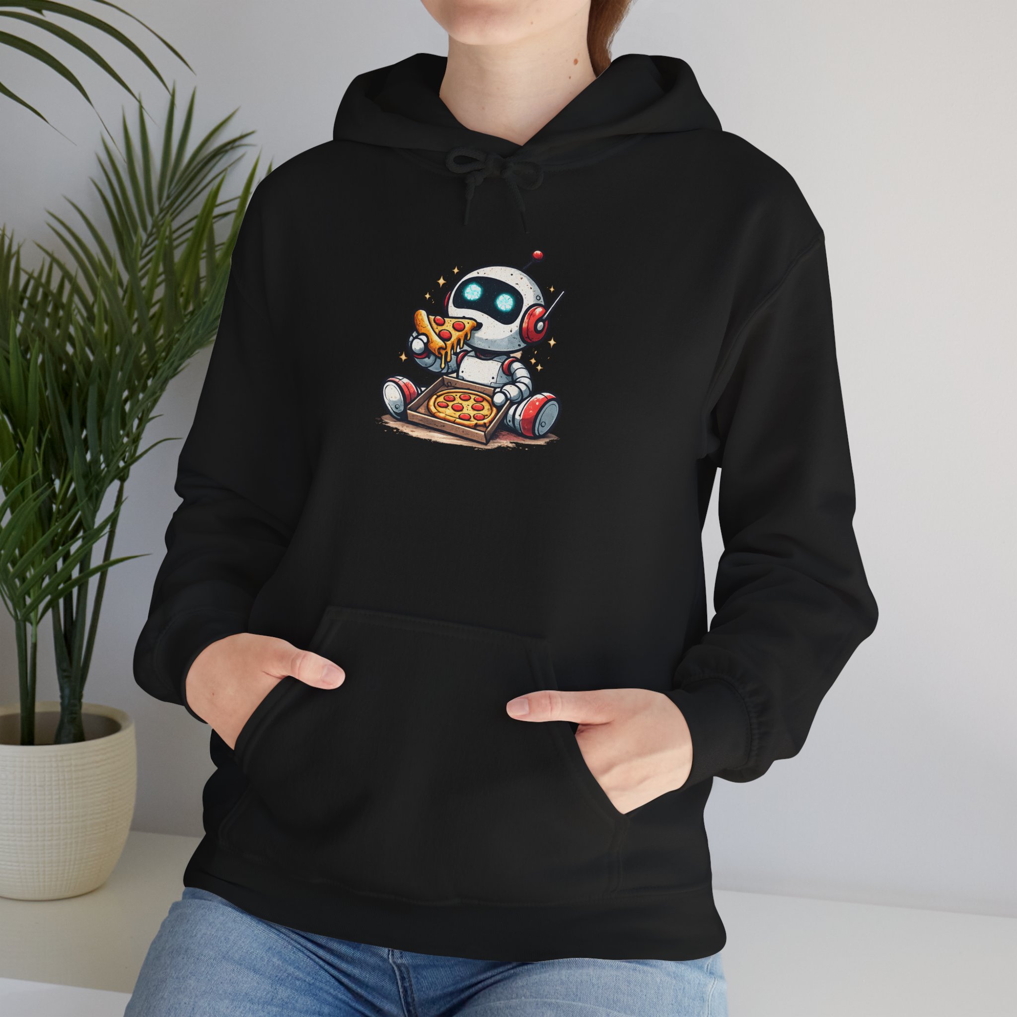 Robot Eating Pizza – Cute AI Tech Humor Graphic Pullover Hoodie - Image 59